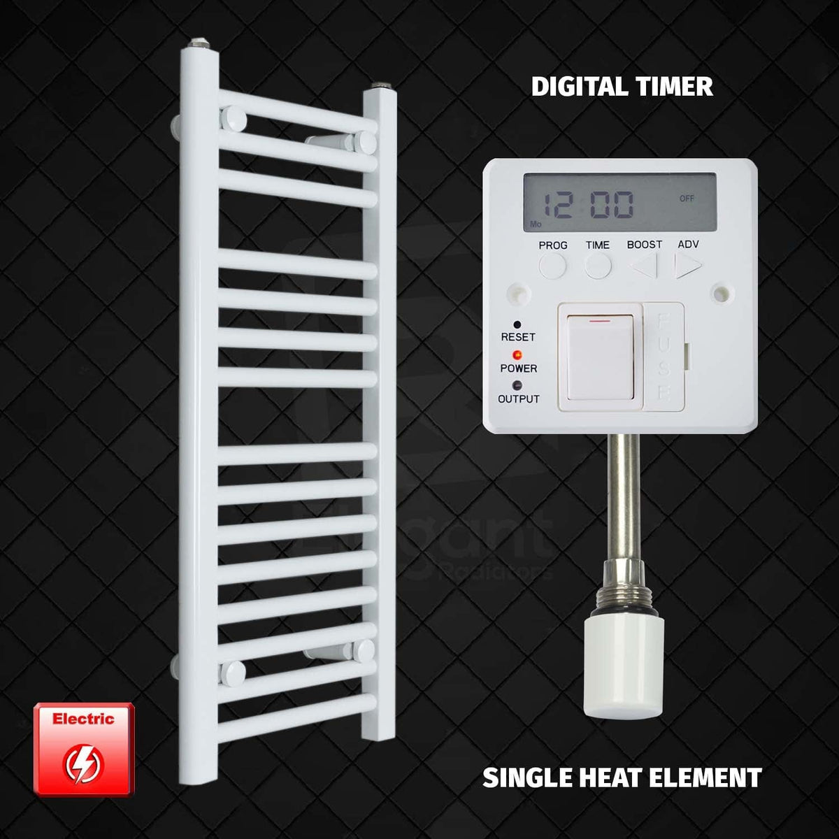 Single Heat Element + Digital Timer 300 x 800 High Flat White Pre-Filled Electric Towel Radiator