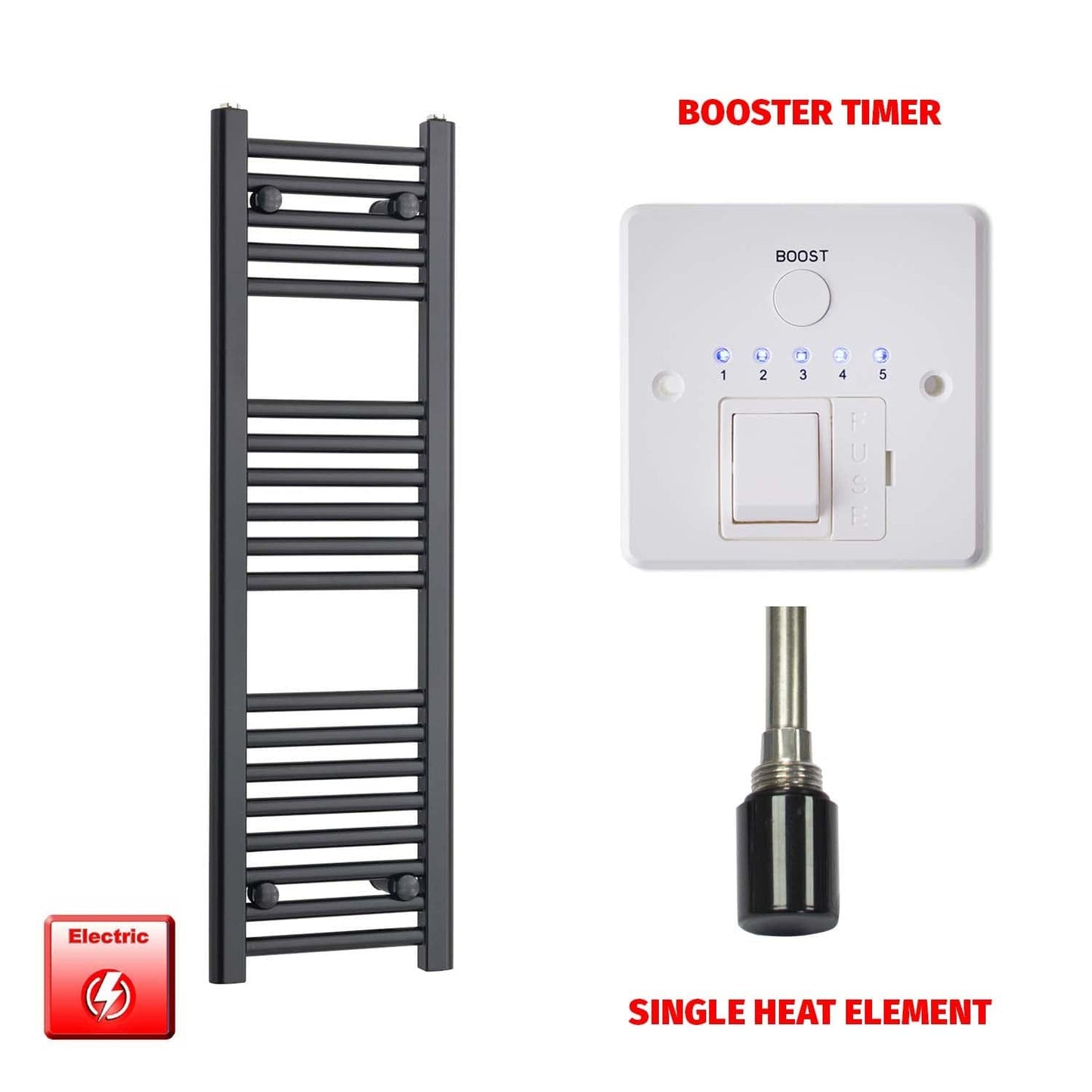 Single Heat Element + Booster Timer 300 x 800mm Flat Black Pre-Filled Electric Towel Radiator