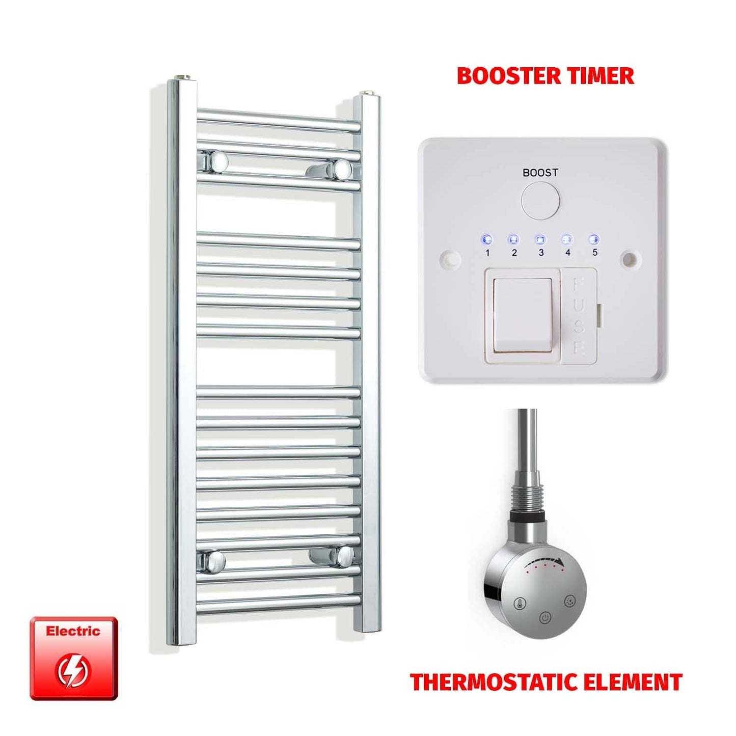 Thermostatic Element + Booster Timer 300 x 800mm Flat Chrome Pre-Filled Electric Towel Radiator