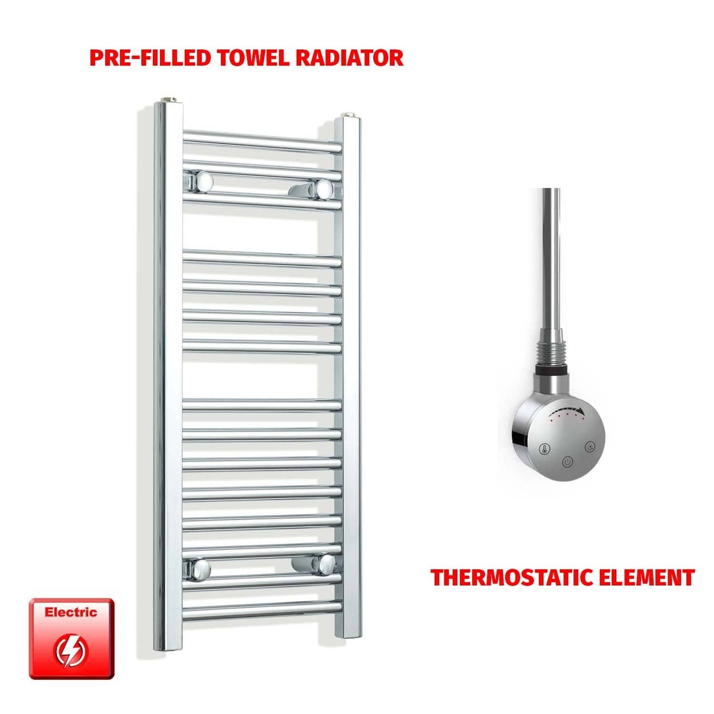 Thermostatic Element 300 x 800mm Flat Chrome Pre-Filled Electric Towel Radiator