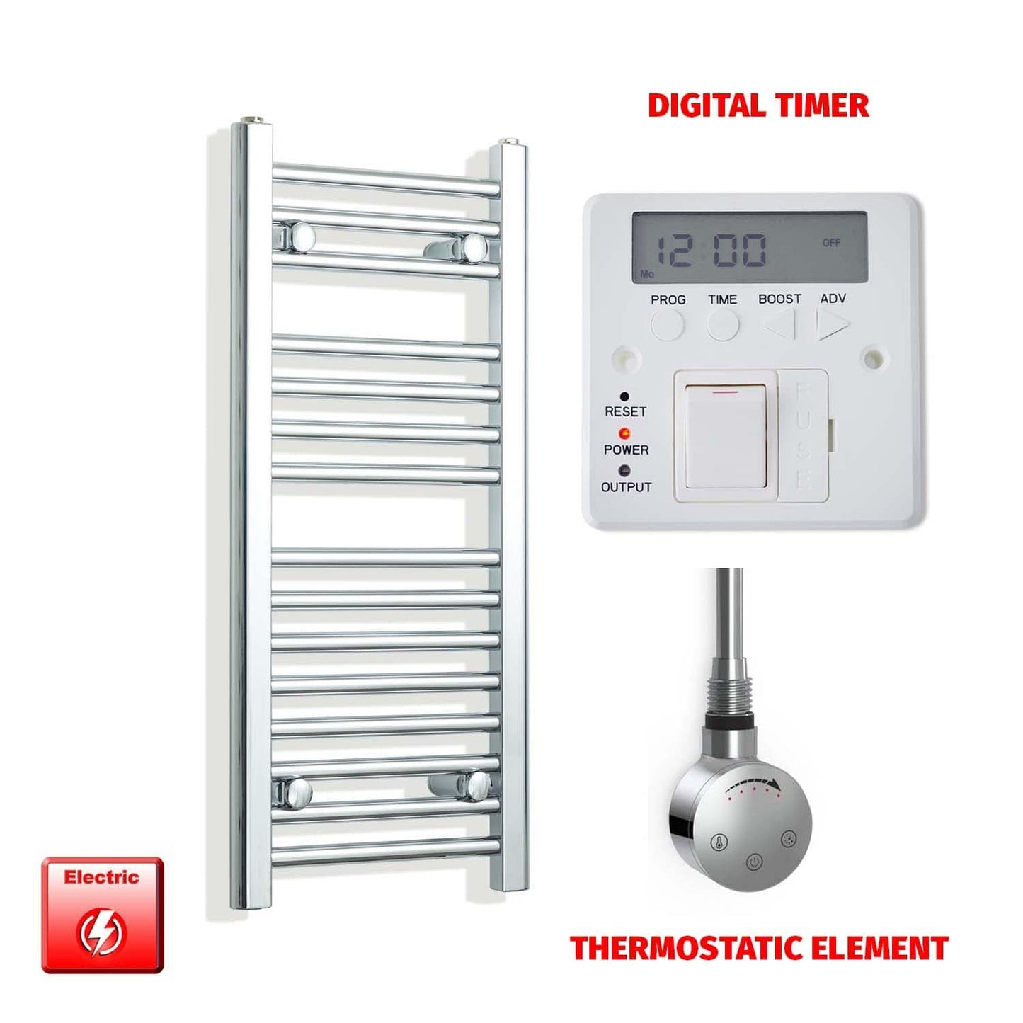 Thermostatic Element + Digital Timer 300 x 800mm Flat Chrome Pre-Filled Electric Towel Radiator