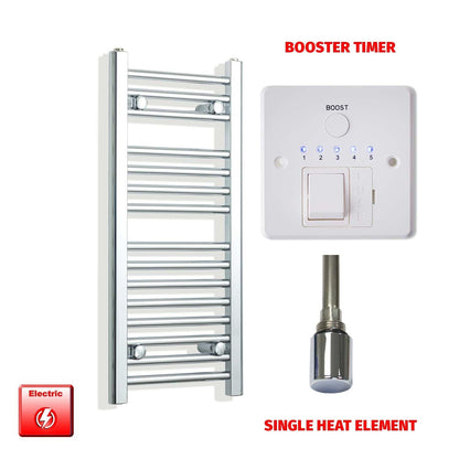 Single Heat Element + Booster Timer 300 x 800mm Flat Chrome Pre-Filled Electric Towel Radiator