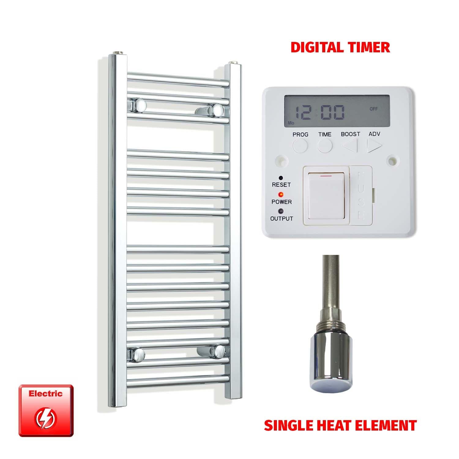 Single Heat Element + Digital Timer 300 x 800mm Flat Chrome Pre-Filled Electric Towel Radiator