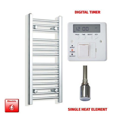 Single Heat Element + Digital Timer 300 x 800mm Flat Chrome Pre-Filled Electric Towel Radiator