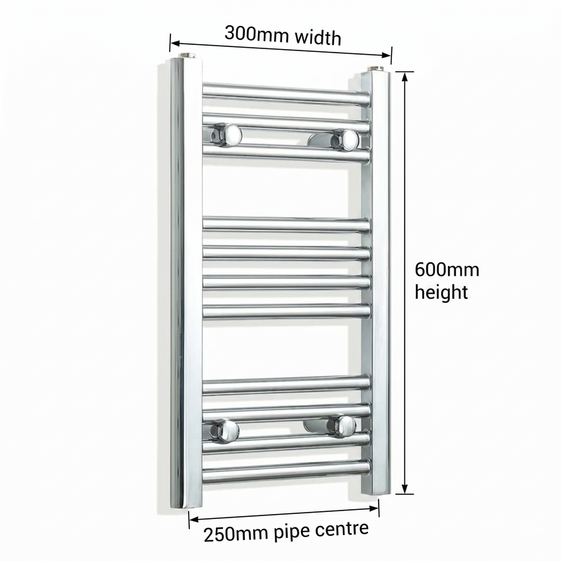 300mm wide by 600mm high chrome towel rail with 250mm pipe centres