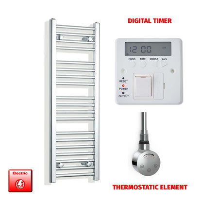 Thermostatic Element + Digital Timer 350 x 1000mm Flat Chrome Pre-Filled Electric Towel Radiator