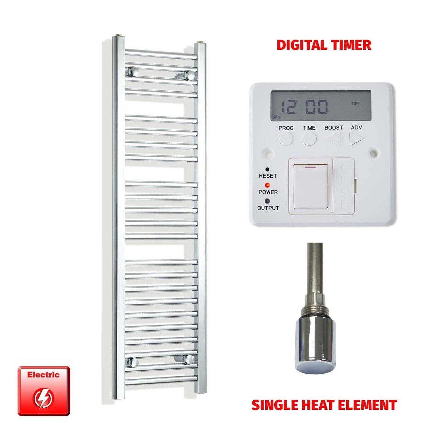 Single Heat Element + Digital Timer 350 x 1200mm Flat Chrome Pre-Filled Electric Towel Radiator