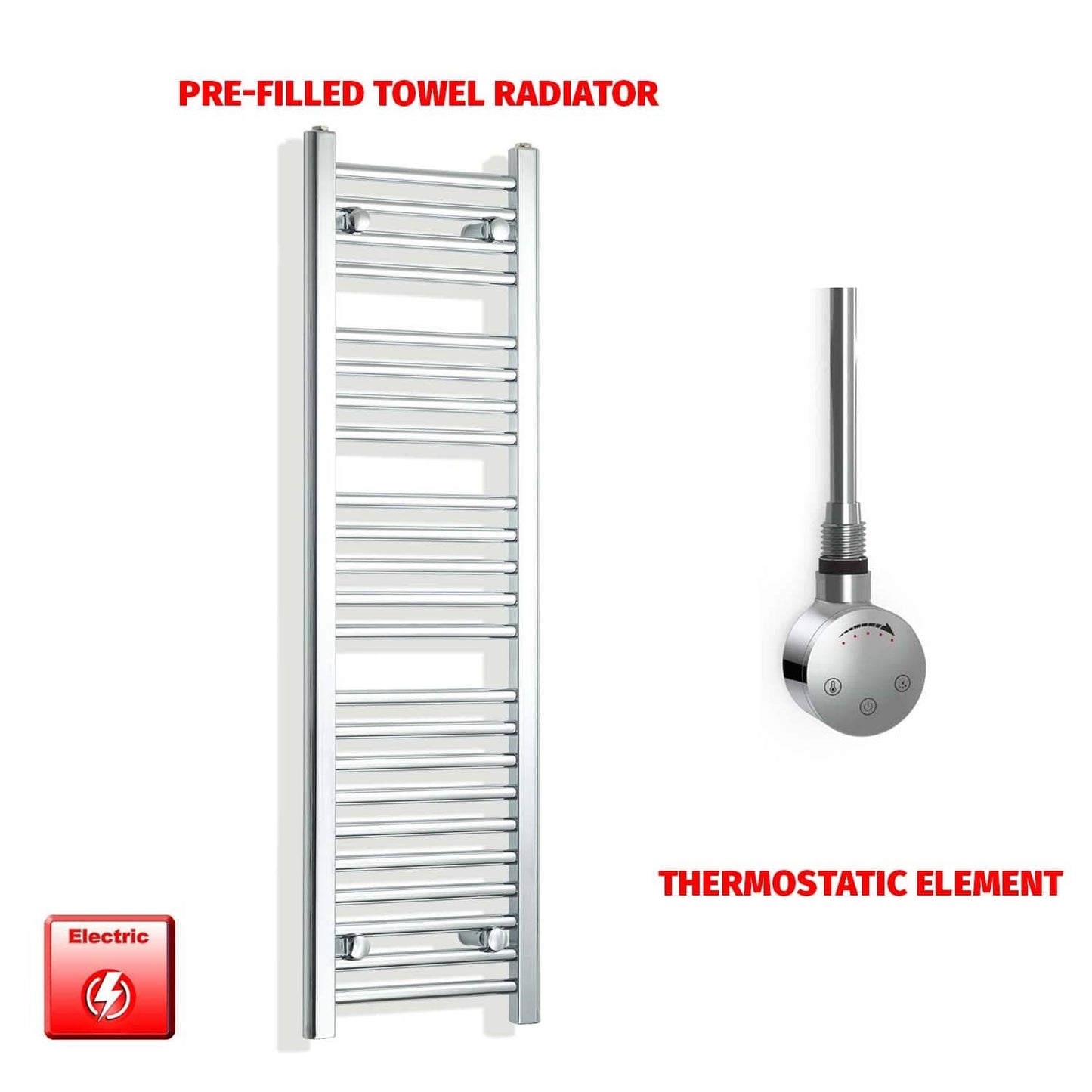 Thermostatic Element 350 x 1200mm Flat Chrome Pre-Filled Electric Towel Radiator