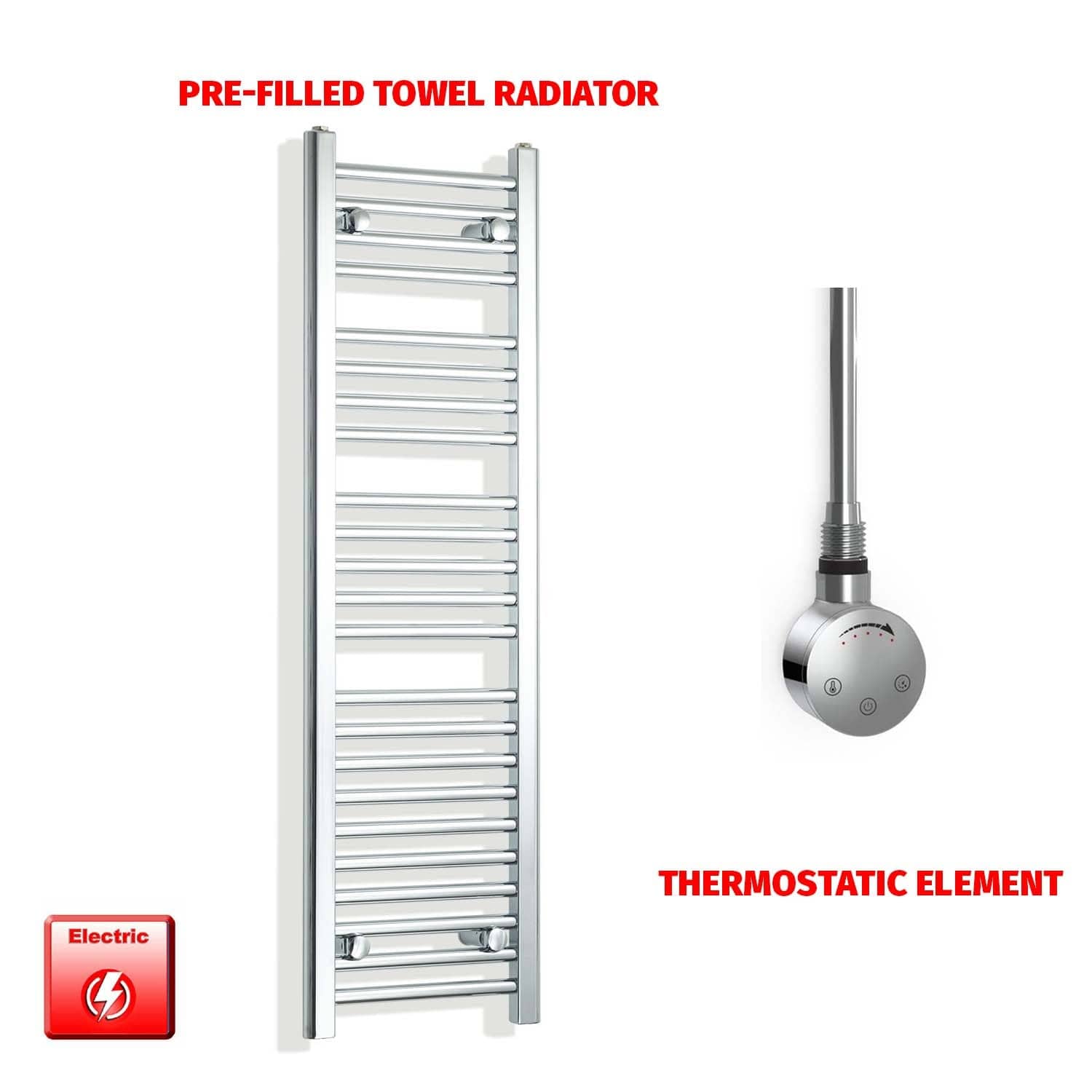 Thermostatic Element 350 x 1200mm Flat Chrome Pre-Filled Electric Towel Radiator