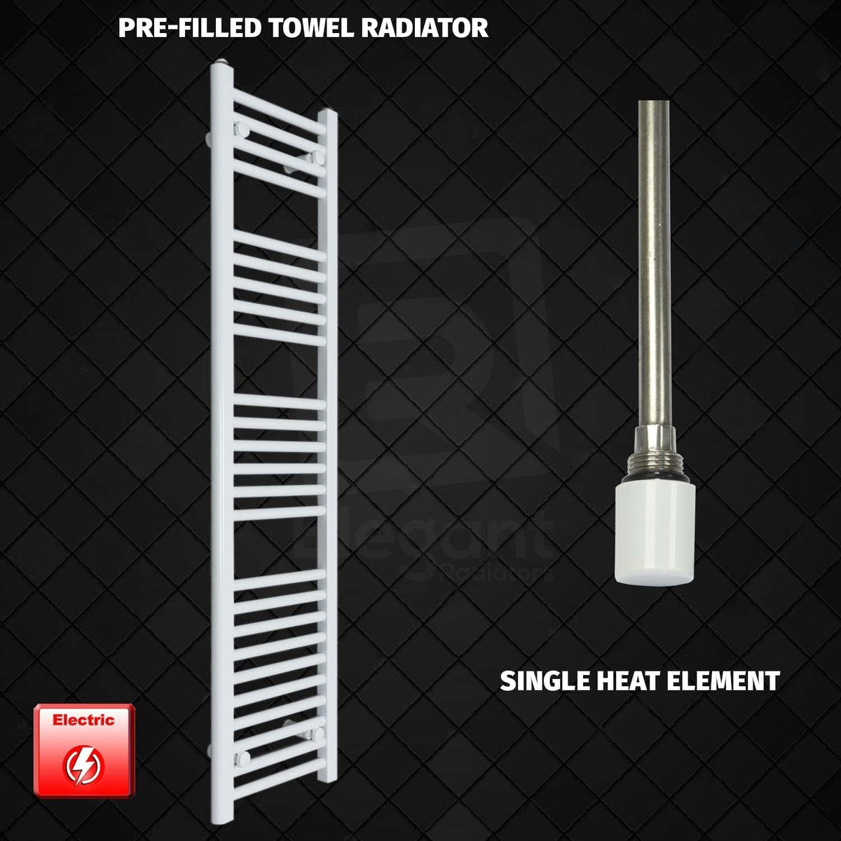 Single Heat Element 350 x 1400 Flat White Pre-Filled Electric Heated Towel Rail