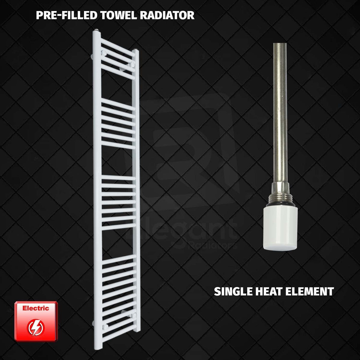 Single Heat Element 350 x 1600mm High Flat White Pre-Filled Electric Towel Rail
