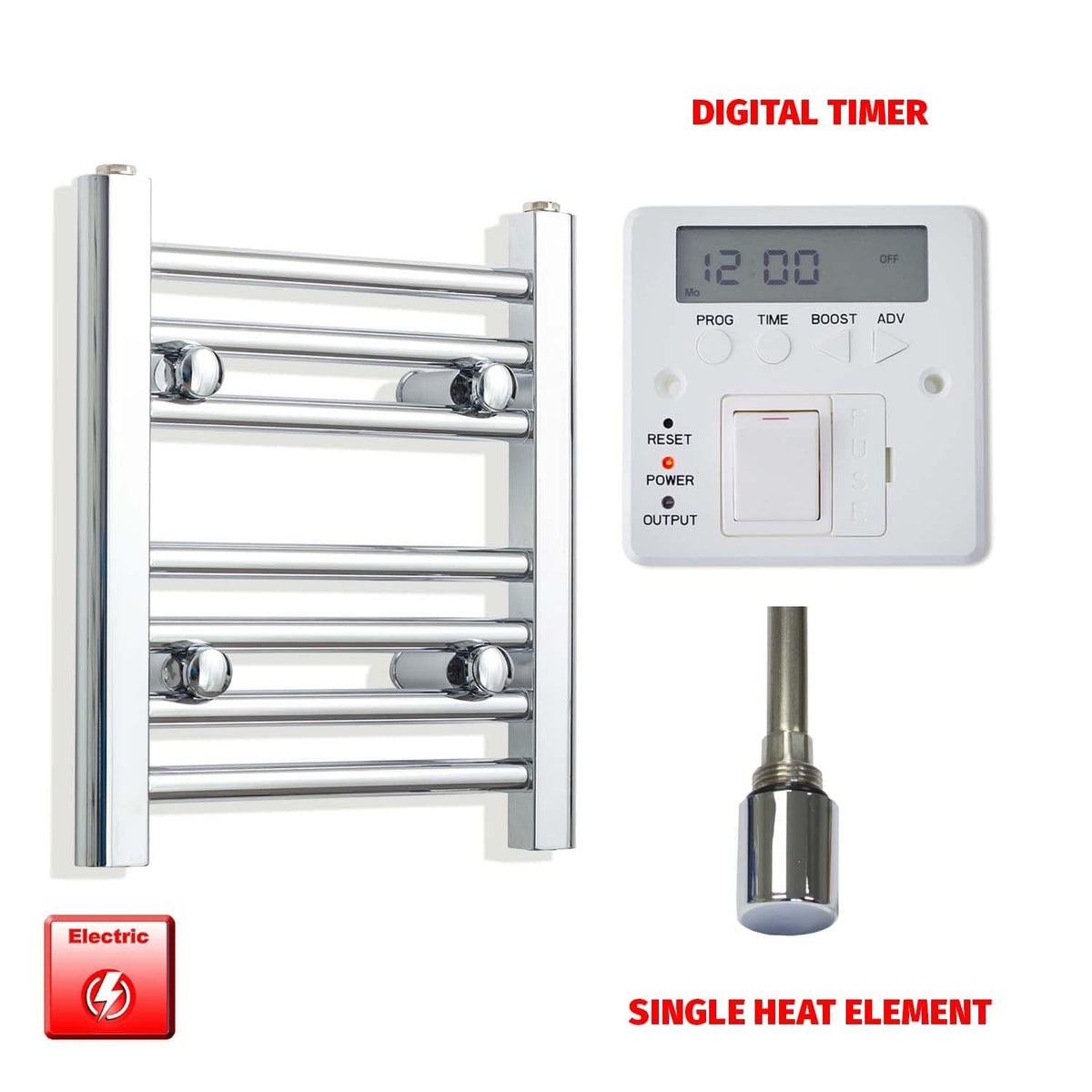 Single Heat Element + Digital Timer 350 x 400 Flat Chrome Pre-Filled Electric Towel Radiator