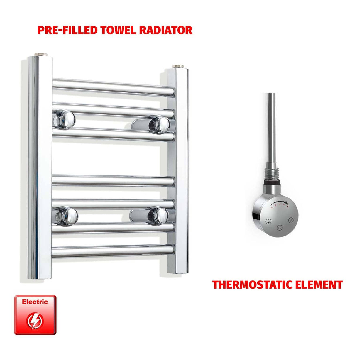 Thermostatic Element 350 x 400 Flat Chrome Pre-Filled Electric Towel Radiator