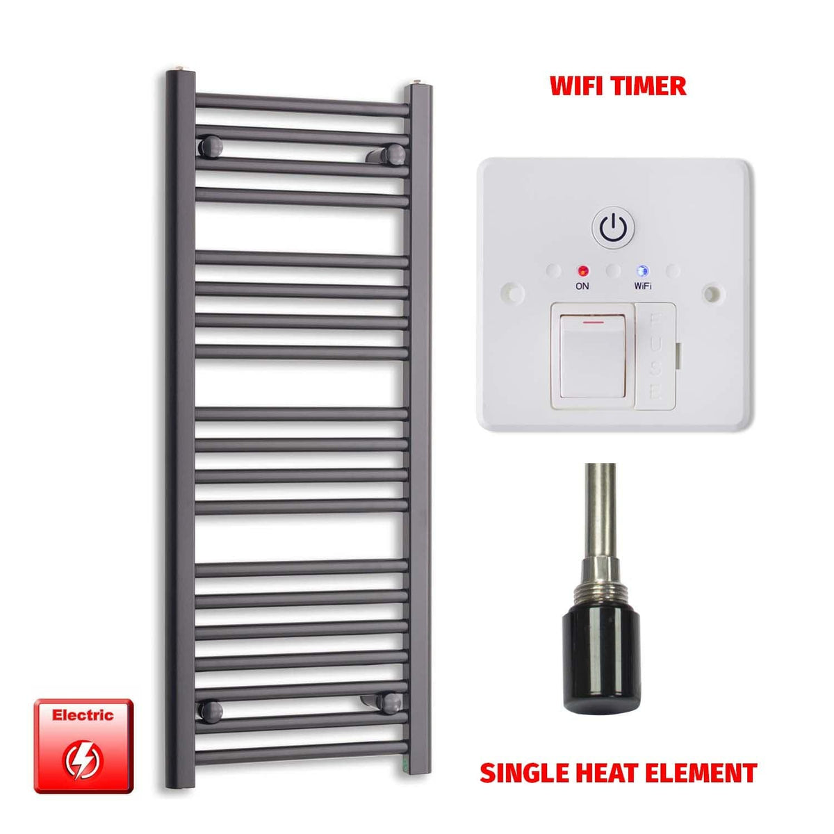 Single Heat Element + Wifi Timer 400 x 1000 Flat Black Pre-Filled Electric Heated Towel Rail