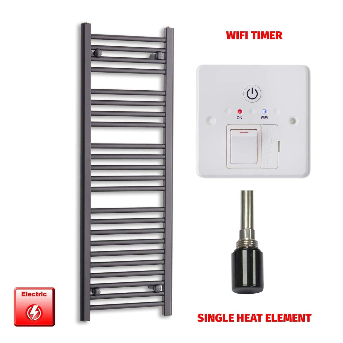 Single Heat Element + Wifi Timer 400 x 1200 Flat Black Pre-Filled Electric Towel Radiator