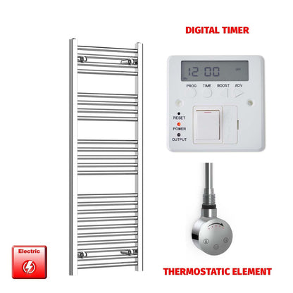Straight / Thermostatic Element + Digital Timer 400 x 1200 Flat Chrome Pre-Filled Electric Towel Radiator
