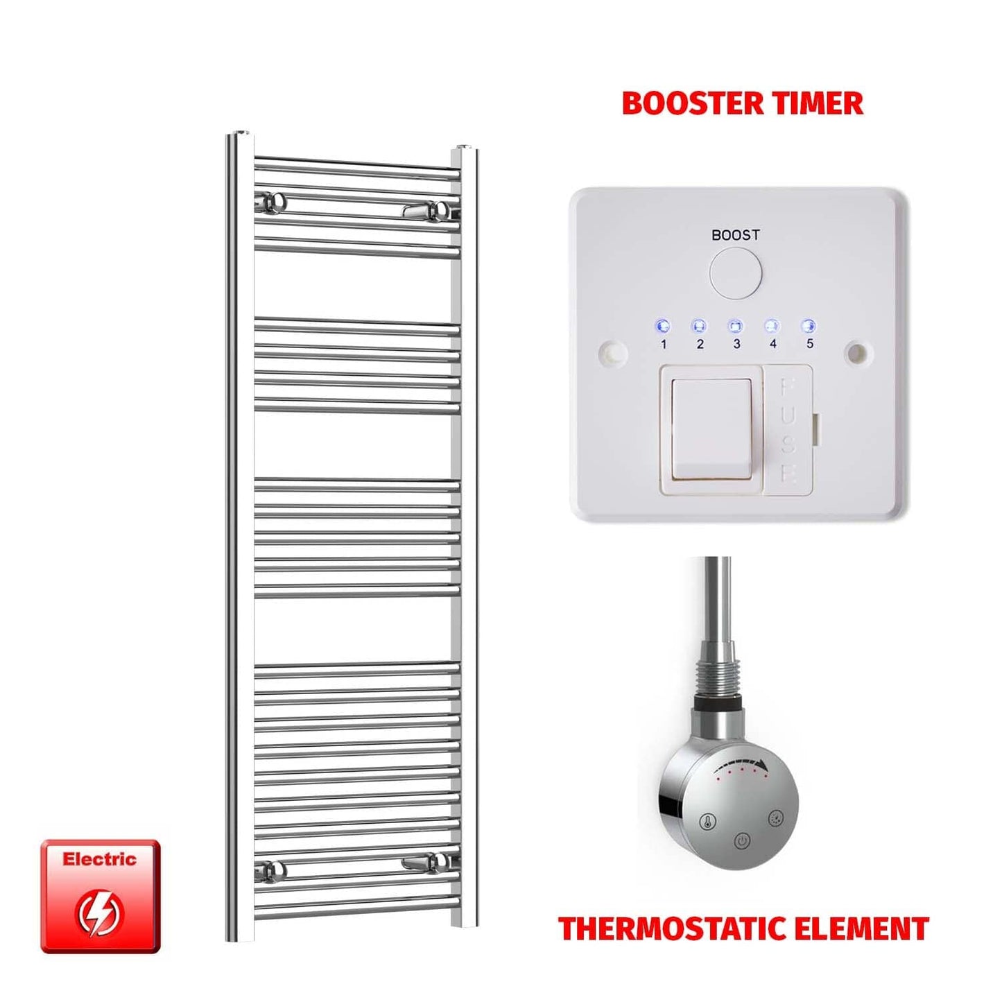 Straight / Thermostatic Element + Booster Timer 400 x 1200 Flat Chrome Pre-Filled Electric Towel Radiator