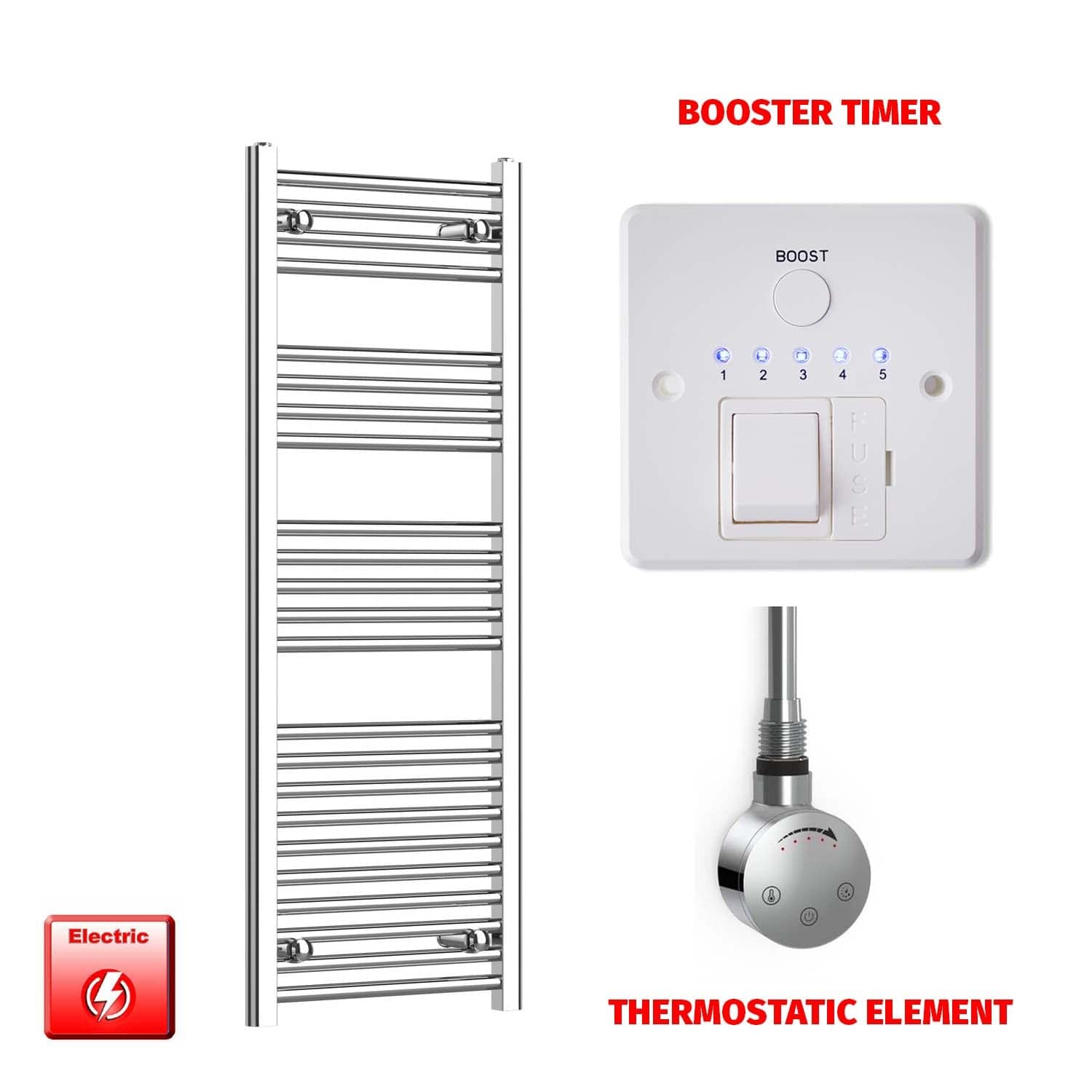 Straight / Thermostatic Element + Booster Timer 400 x 1200 Flat Chrome Pre-Filled Electric Towel Radiator