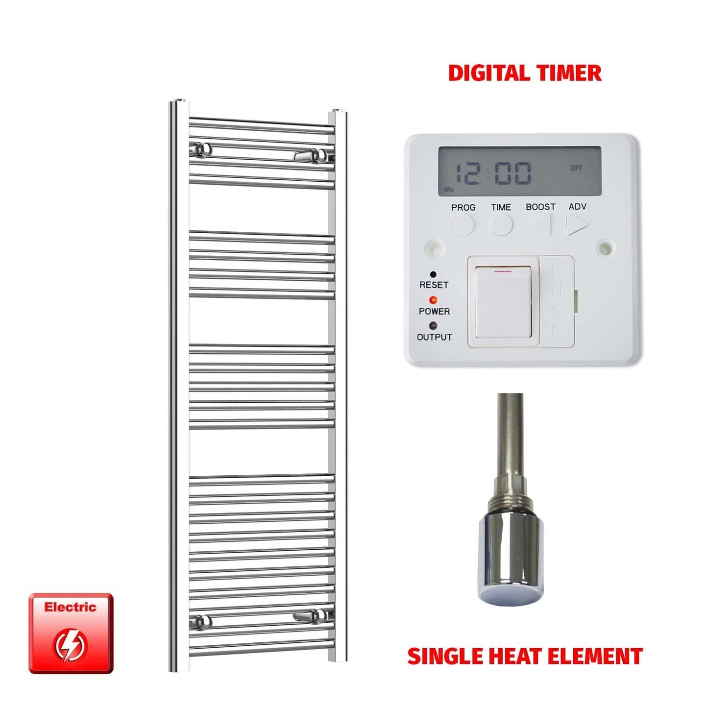 Straight / Single Heat Element + Digital Timer 400 x 1200 Flat Chrome Pre-Filled Electric Towel Radiator