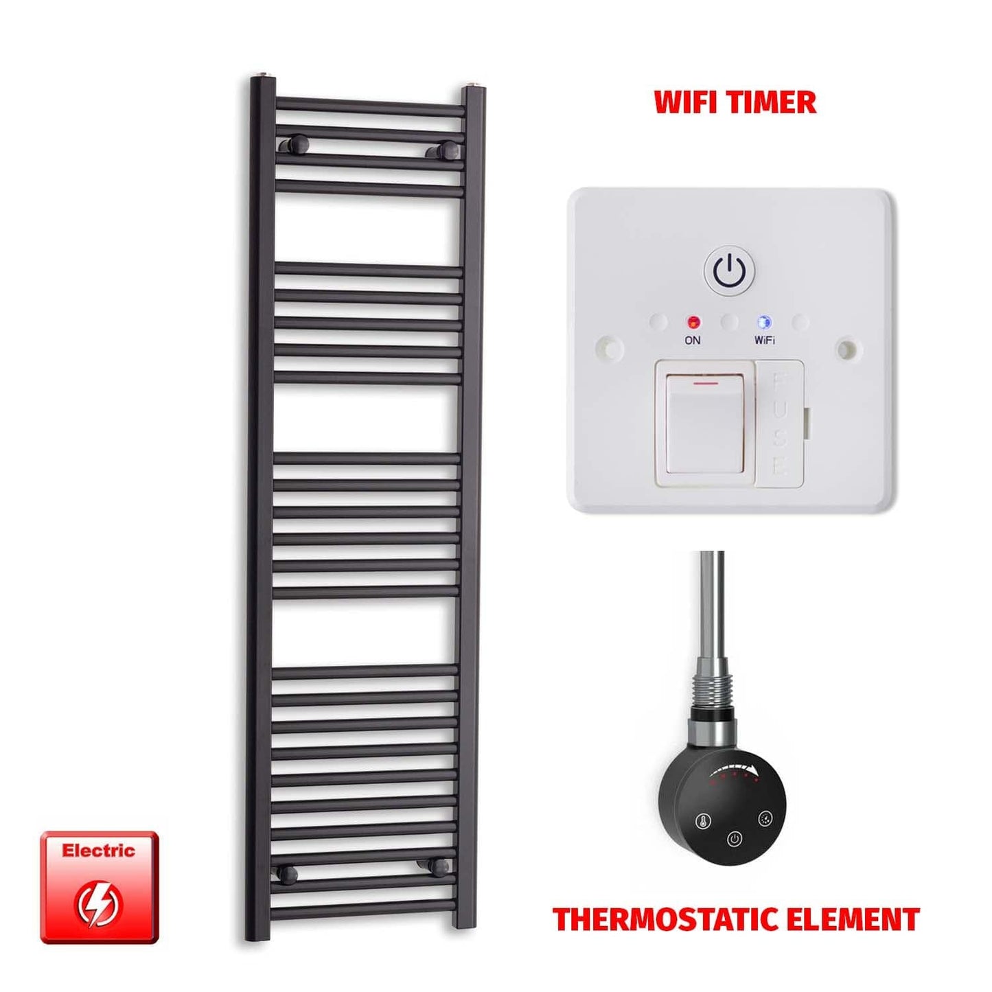 Thermostatic Element + Wifi Timer 400 x 1400 Flat Black Pre-Filled Electric Towel Radiator