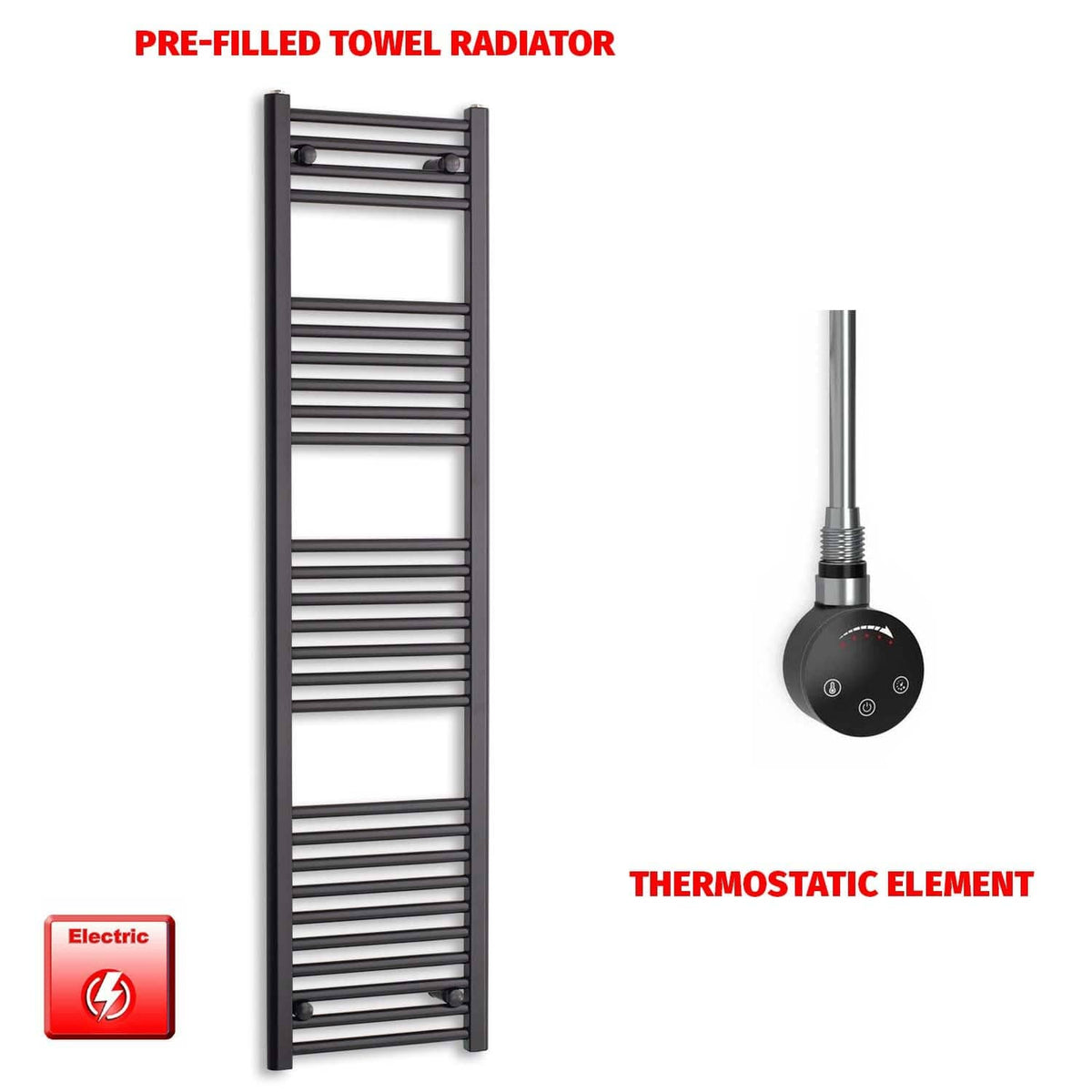 Thermostatic Element 400 x 1600 Flat Black Pre-Filled Electric Towel Radiator HTR