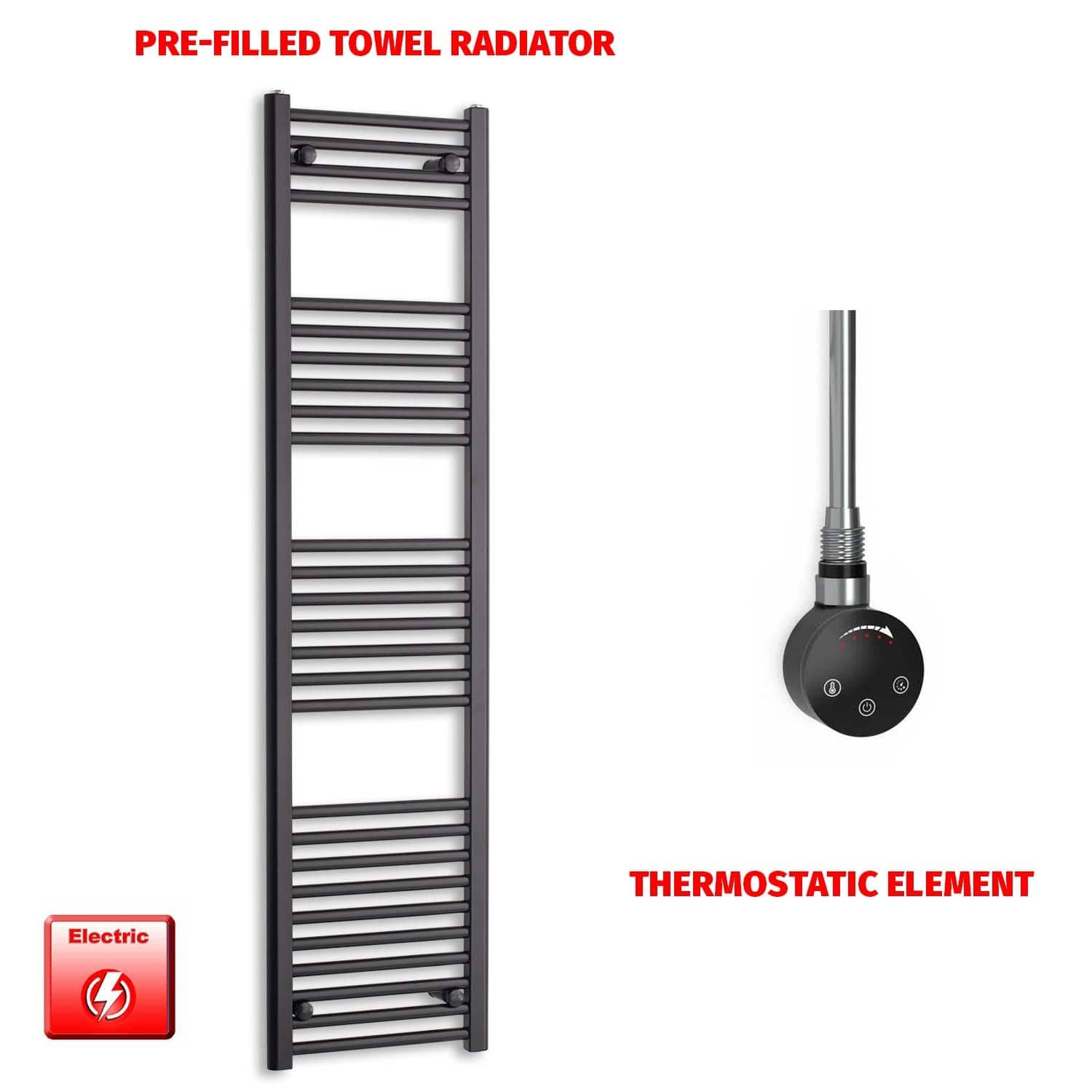 Thermostatic Element 400 x 1600 Flat Black Pre-Filled Electric Towel Radiator HTR