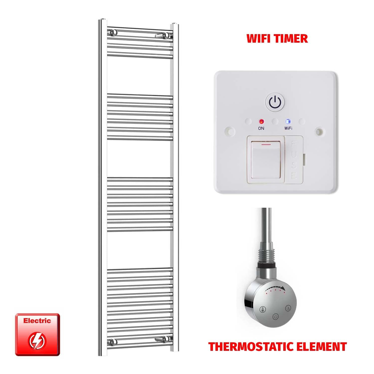 Flat / Thermostatic Element + Wifi Timer 400 x 1600 Flat Chrome Pre-Filled Electric Heated Towel Rail