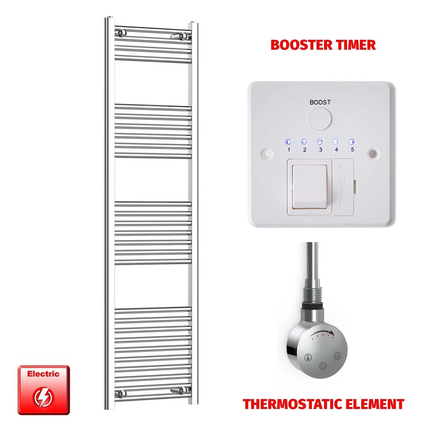 Flat / Thermostatic Element + Booster Timer 400 x 1600 Flat Chrome Pre-Filled Electric Heated Towel Rail