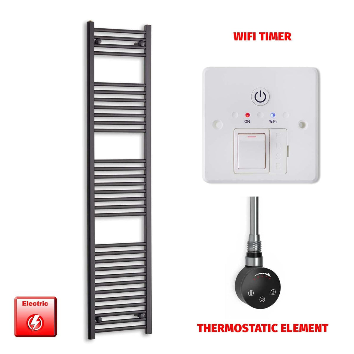 Thermostatic Element + Wifi Timer 400 x 1800 Flat Black Pre-Filled Electric Towel Radiator