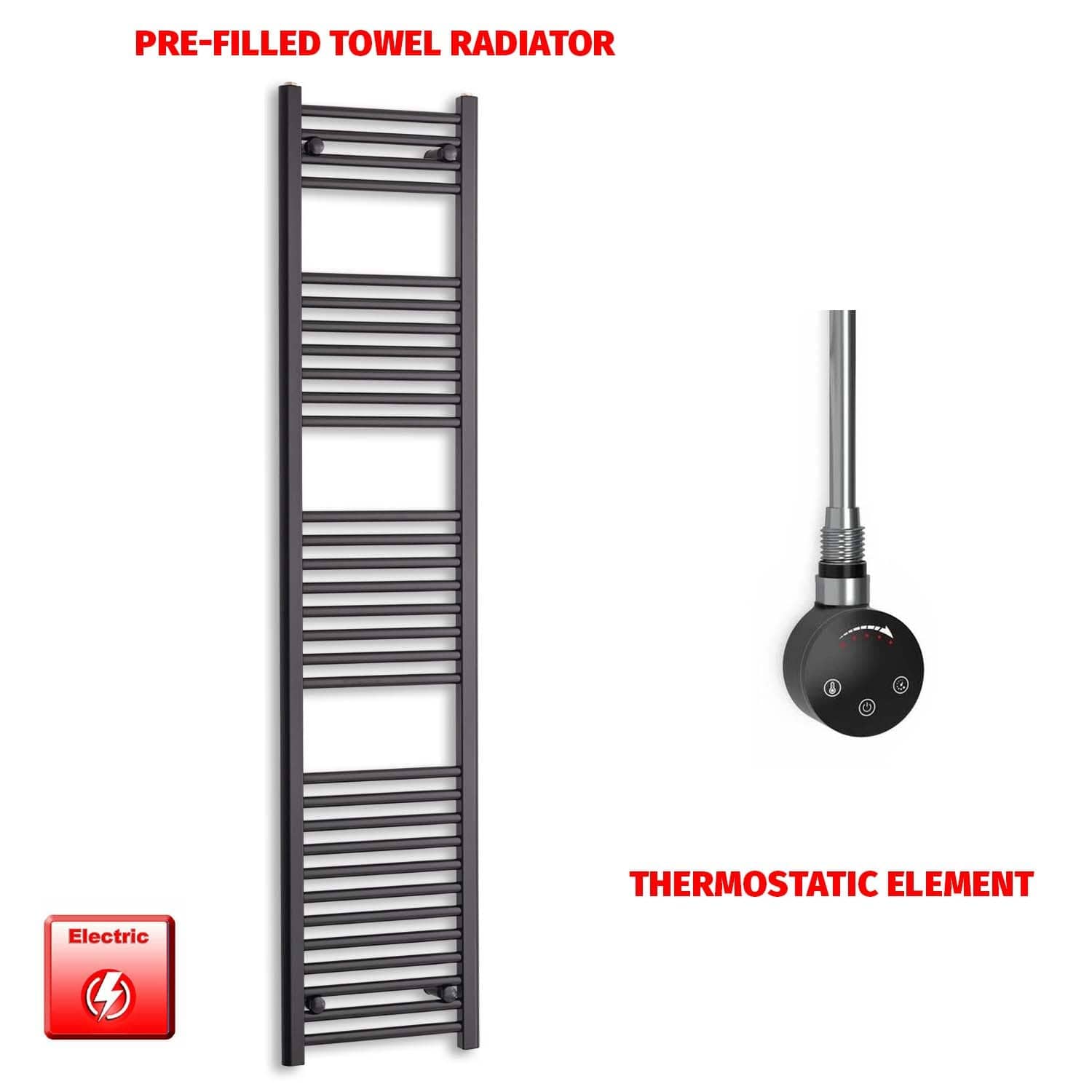 Thermostatic Element 400 x 1800 Flat Black Pre-Filled Electric Towel Radiator