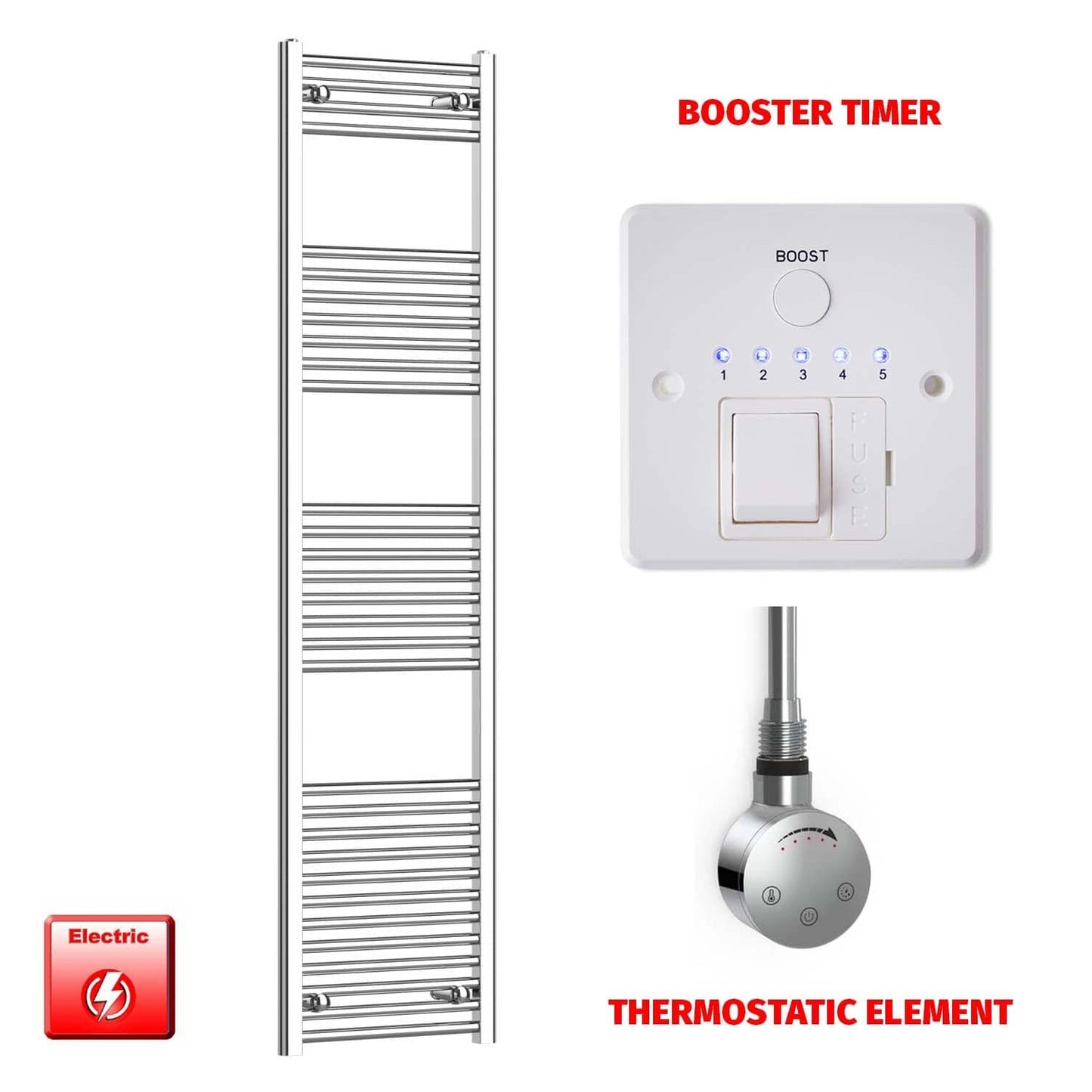 Straight / Thermostatic Element + Booster Timer 400 x 1800 Flat Chrome Pre-Filled Electric Towel Radiator