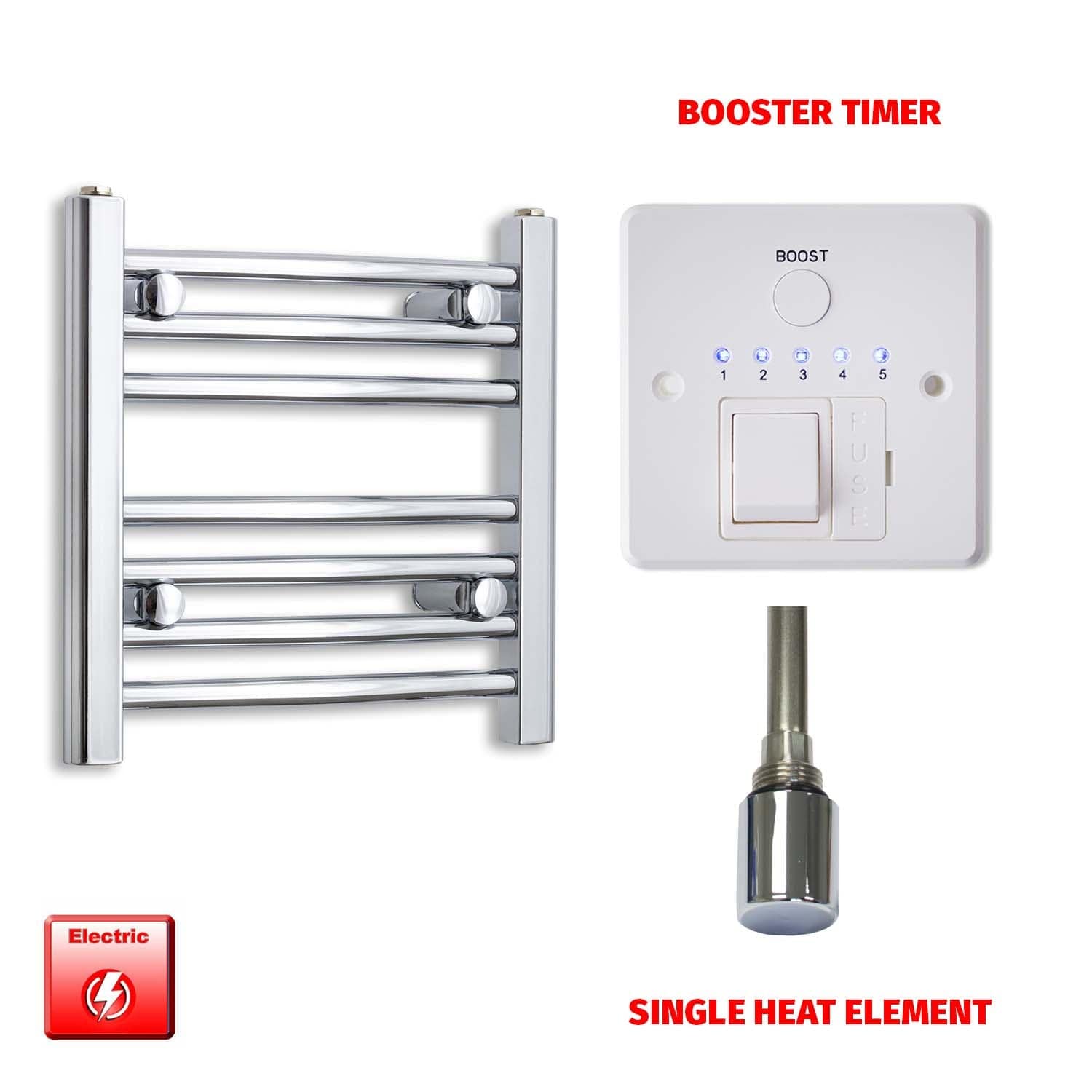 Straight / Single Heat Element + Booster Timer 400 x 400 Flat Chrome Pre-Filled Electric Towel Radiator
