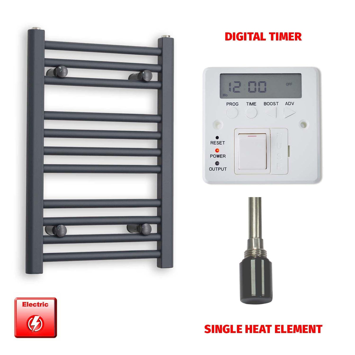 Single Heat Element + Digital Timer 400 x 600 Flat Anthracite Pre-Filled Electric Towel Rail