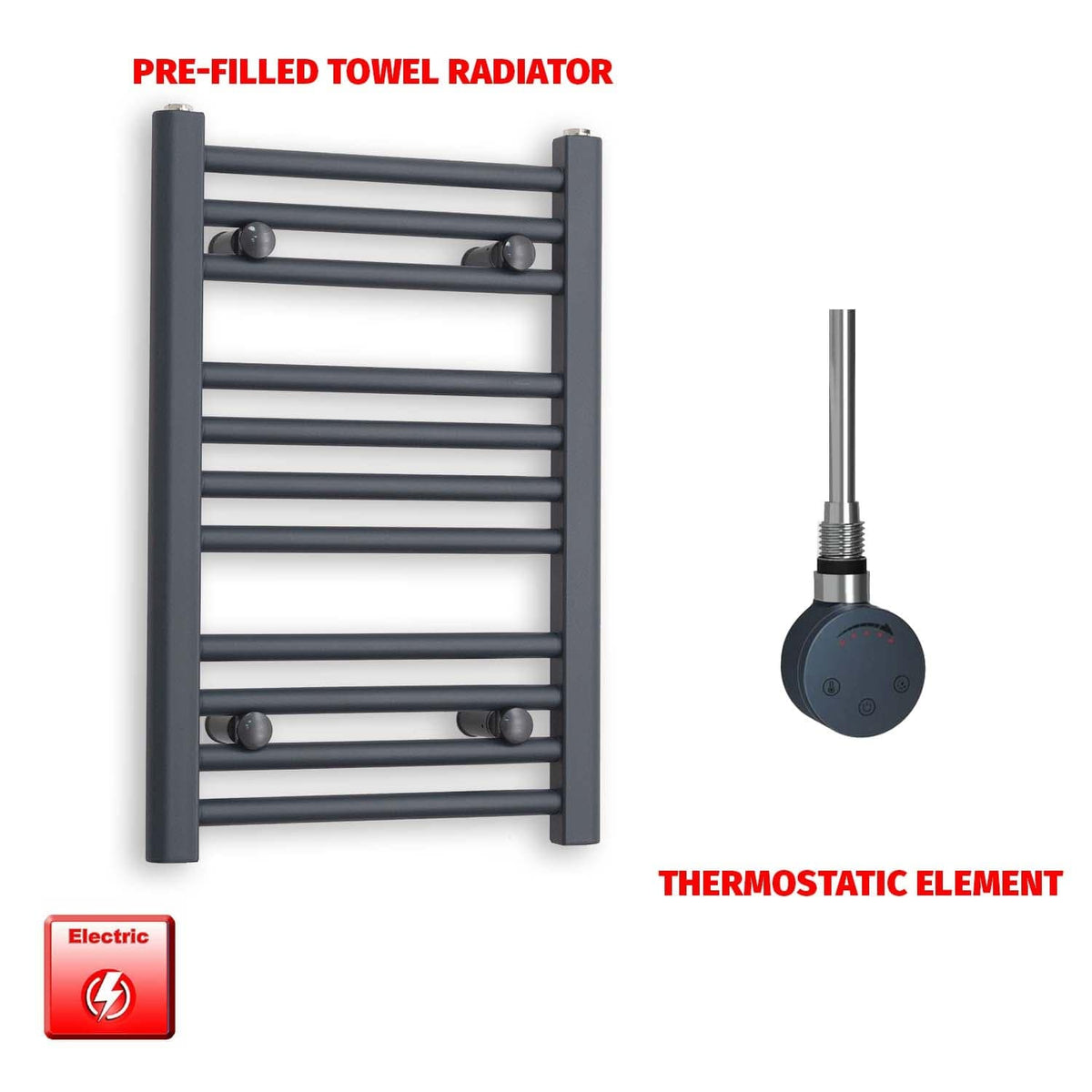 Thermostatic Element 400 x 600 Flat Anthracite Pre-Filled Electric Towel Rail