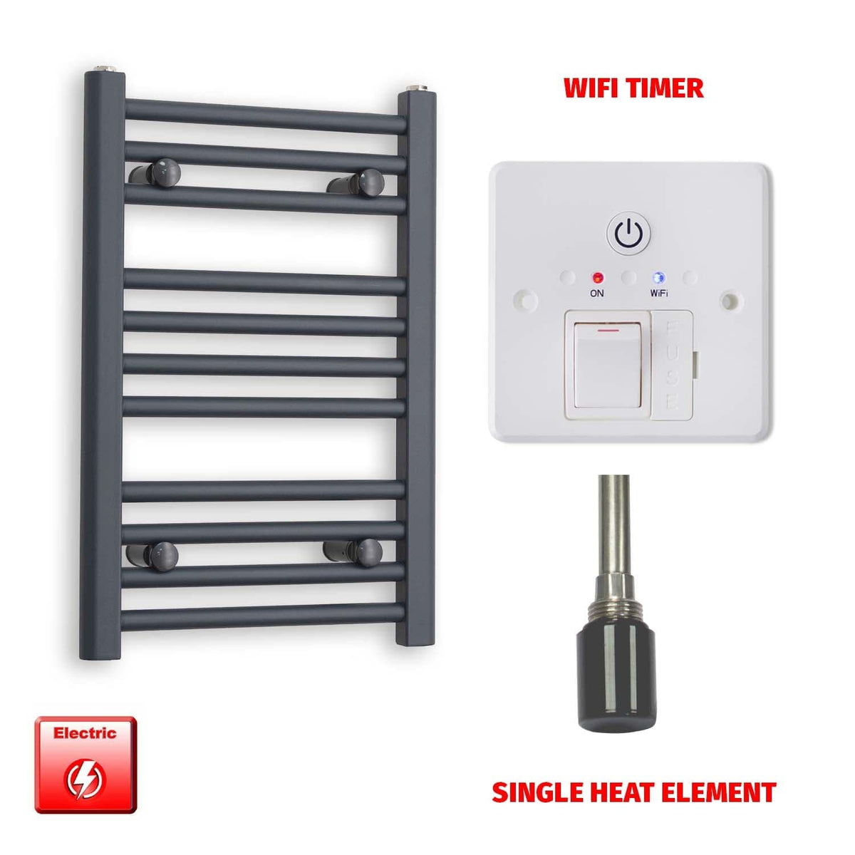 Single Heat Element + Wifi Timer 400 x 600 Flat Anthracite Pre-Filled Electric Towel Rail