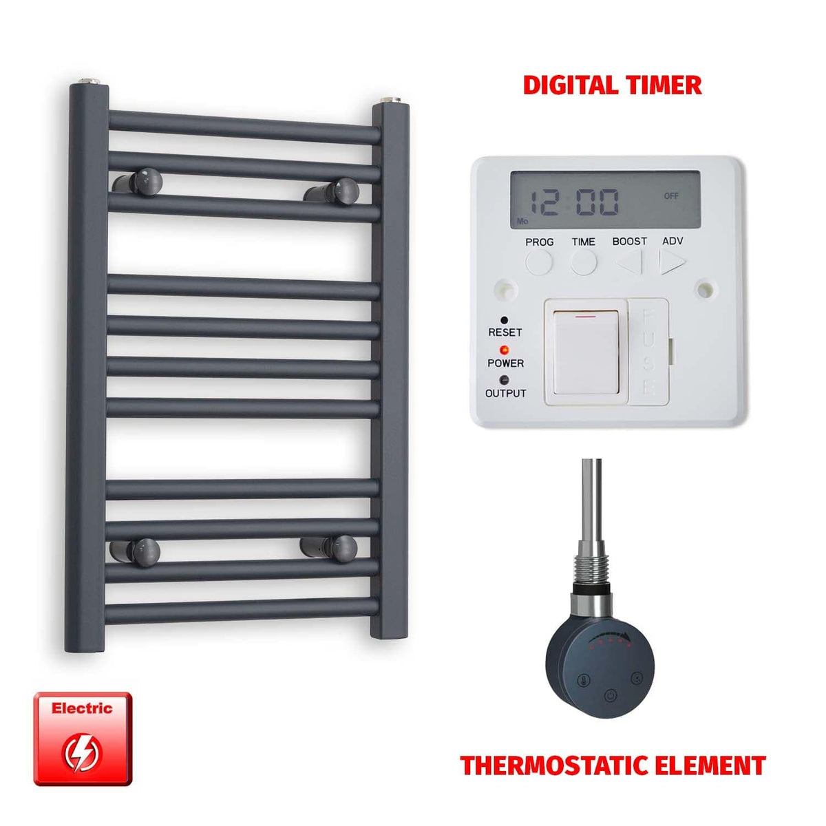 Thermostatic Element + Digital Timer 400 x 600 Flat Anthracite Pre-Filled Electric Towel Rail