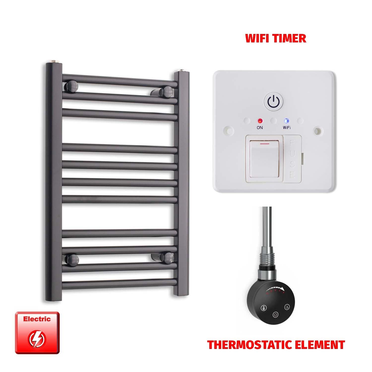 Thermostatic Element + Wifi Timer 400 x 600 Flat Black Pre-Filled Electric Towel Rail Radiator