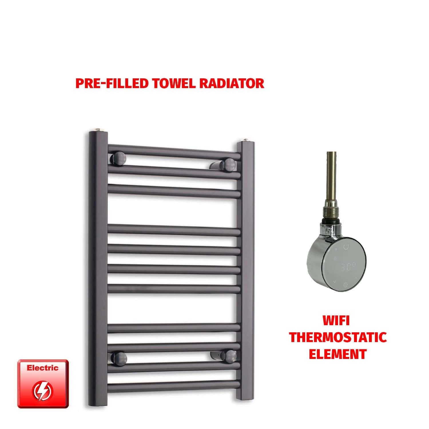 ER-Wifi Thermostatic 400 x 600 Flat Black Pre-Filled Electric Towel Rail Radiator
