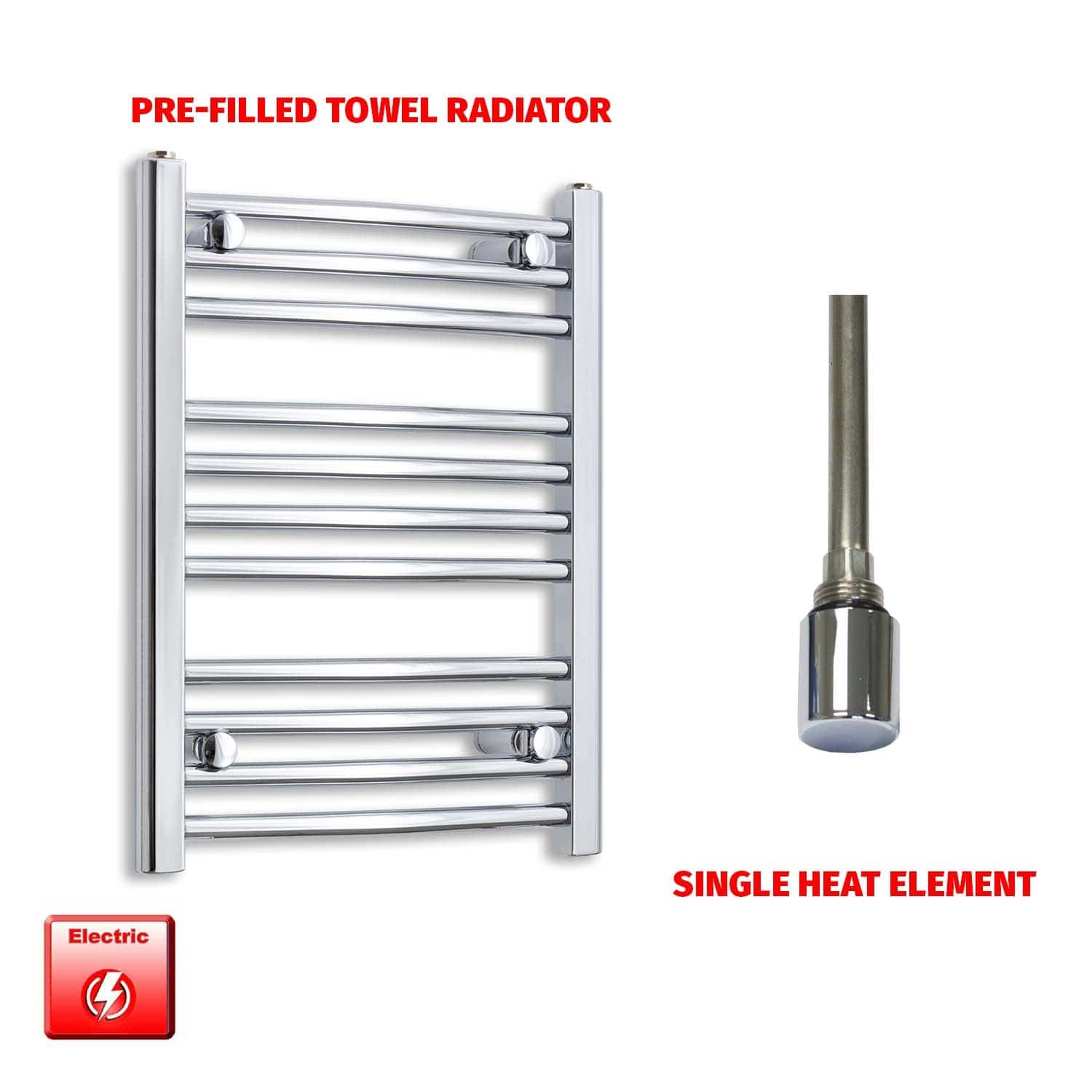 Straight / Single Heat Element 400 x 600 Flat Chrome Pre-Filled Electric Towel Radiator