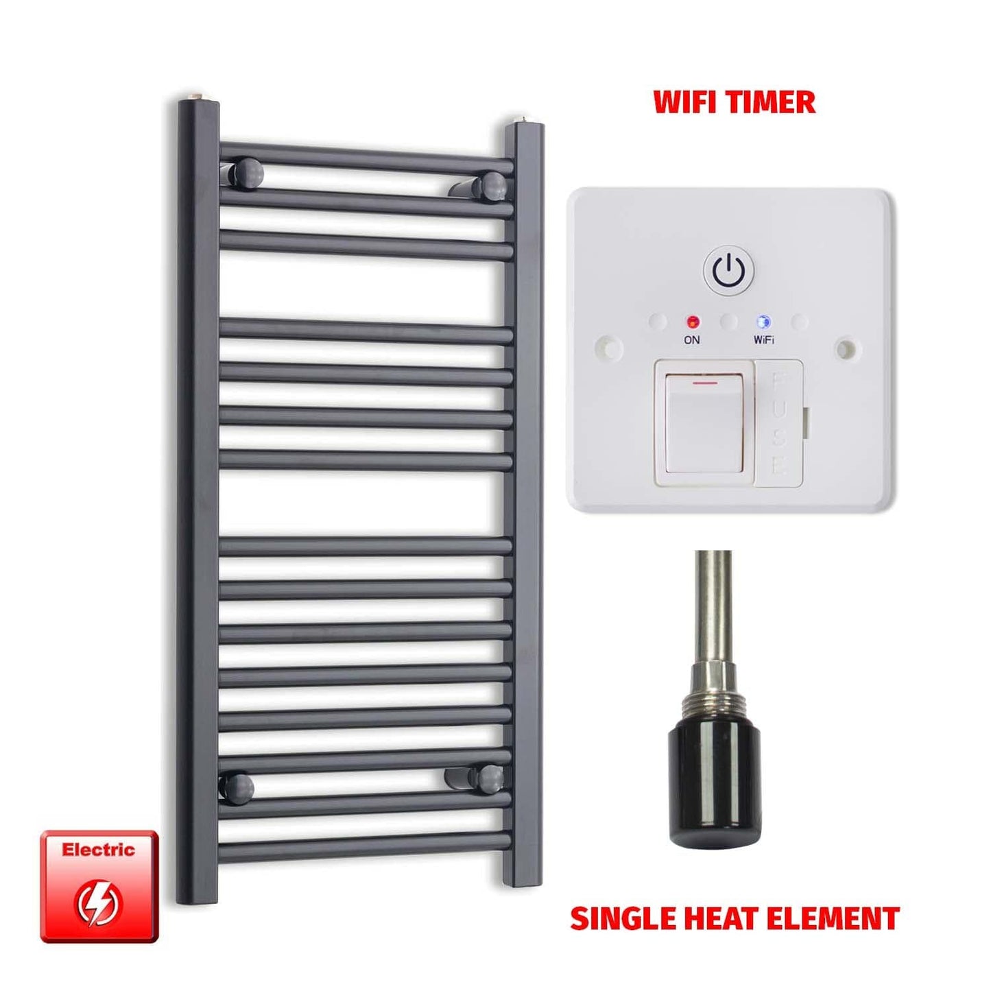 Single Heat Element + Wifi Timer 400 x 800 Flat Black Pre-Filled Electric Towel Radiator