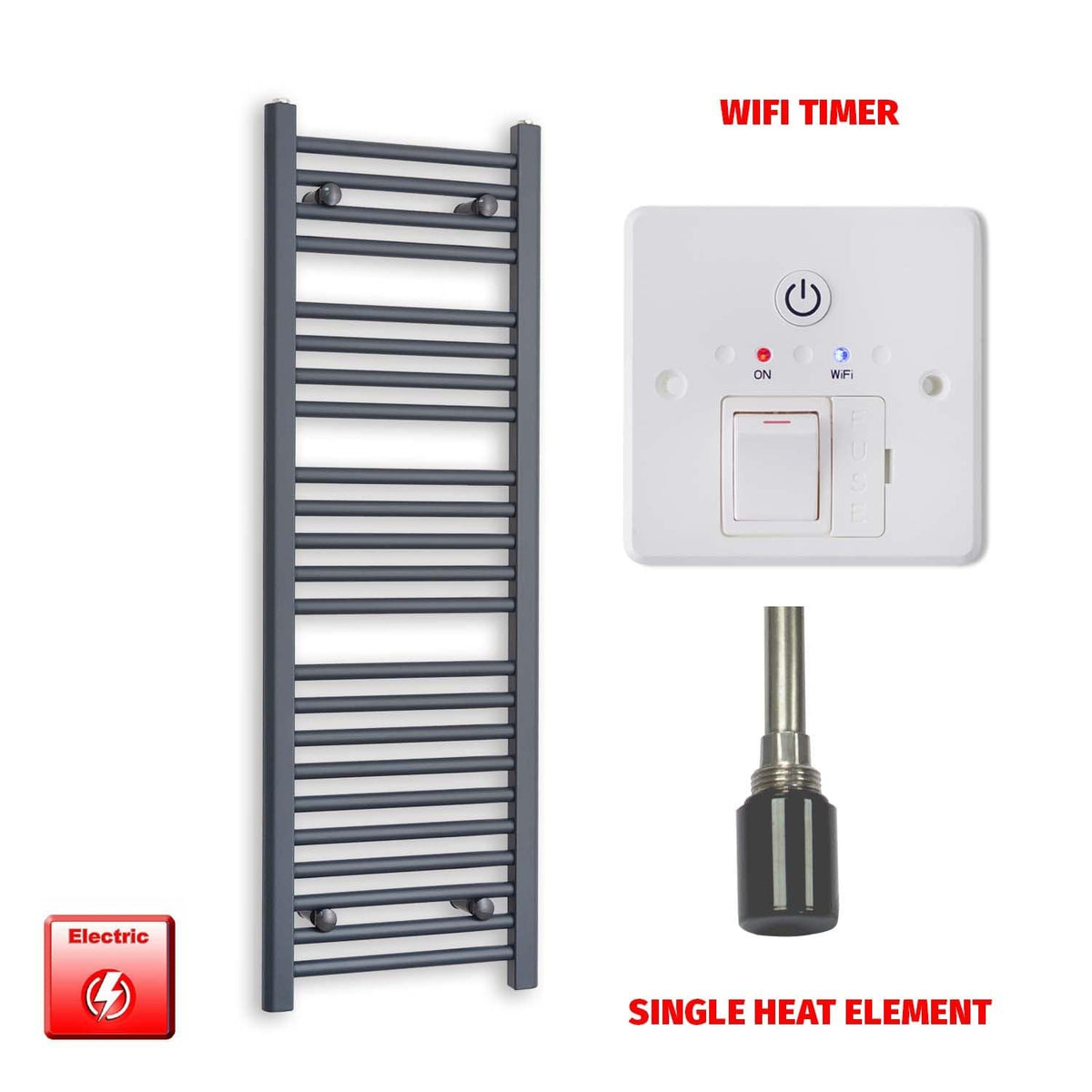 Single Heat Element + Wifi Timer 400x1200 Flat Anthracite Pre-Filled Electric Towel Radiator