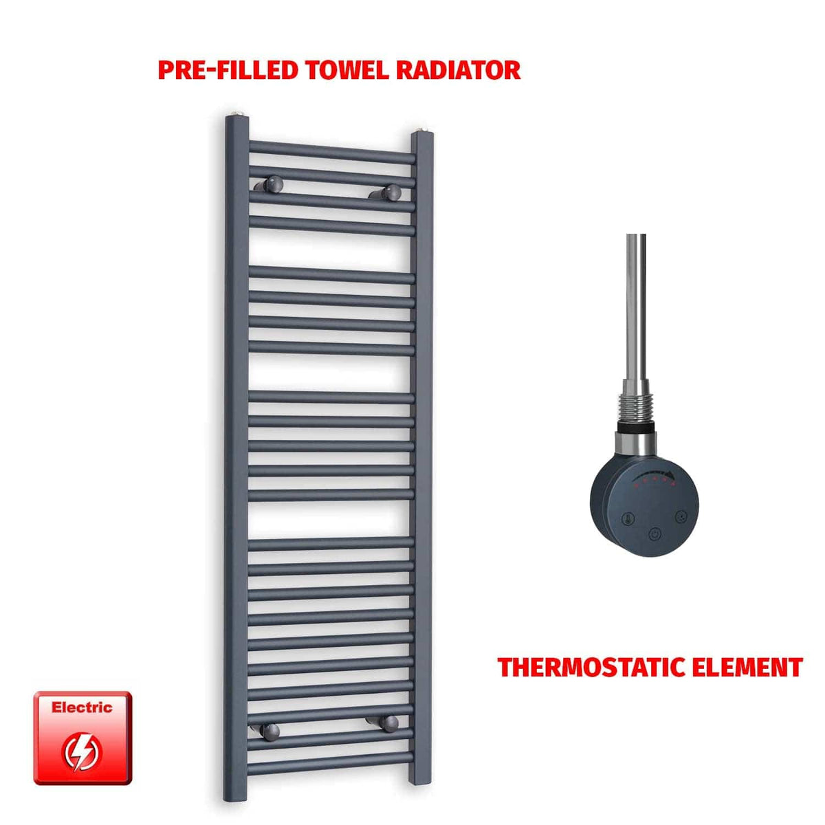 Thermostatic Element 400x1200 Flat Anthracite Pre-Filled Electric Towel Radiator