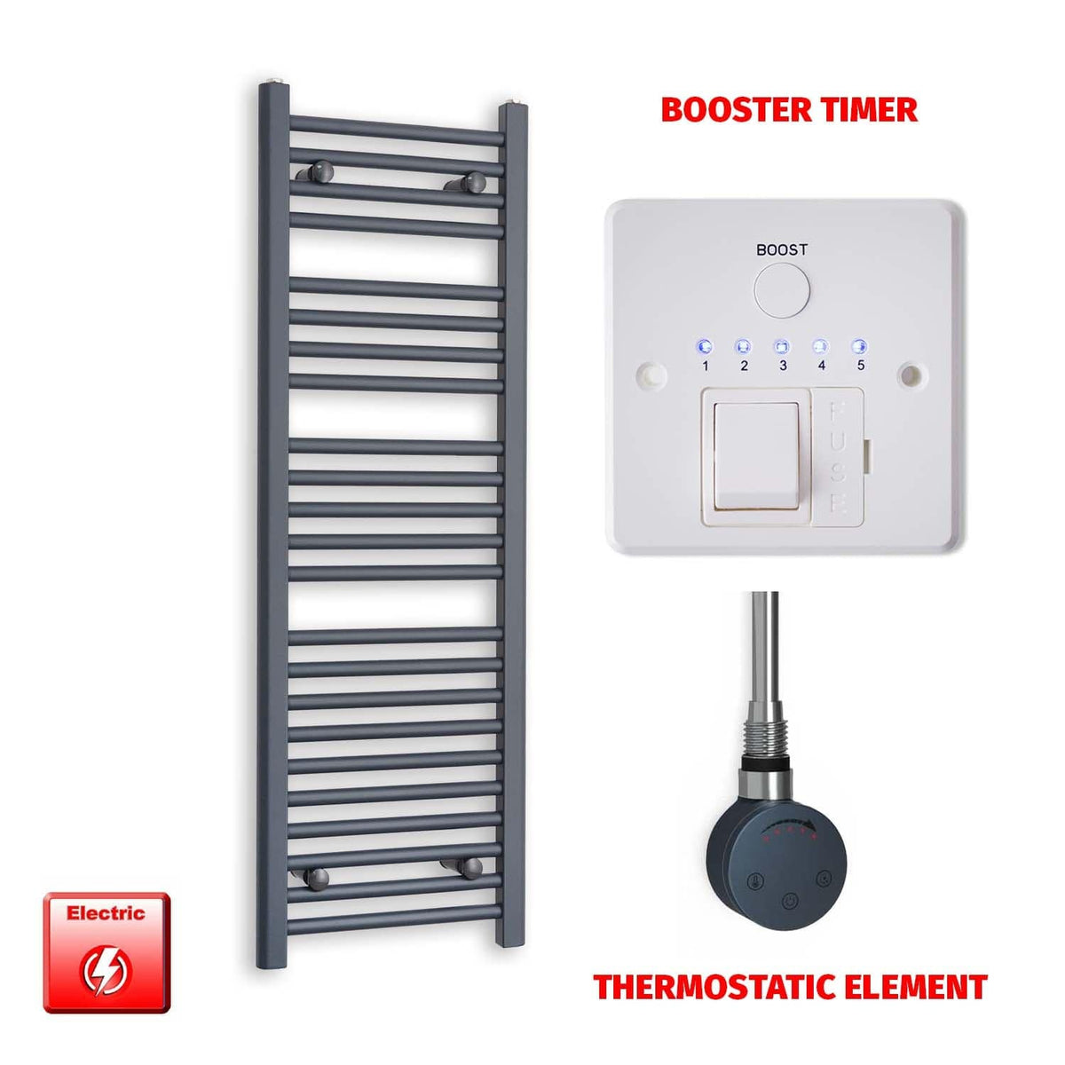Thermostatic Element + Booster Timer 400x1200 Flat Anthracite Pre-Filled Electric Towel Radiator
