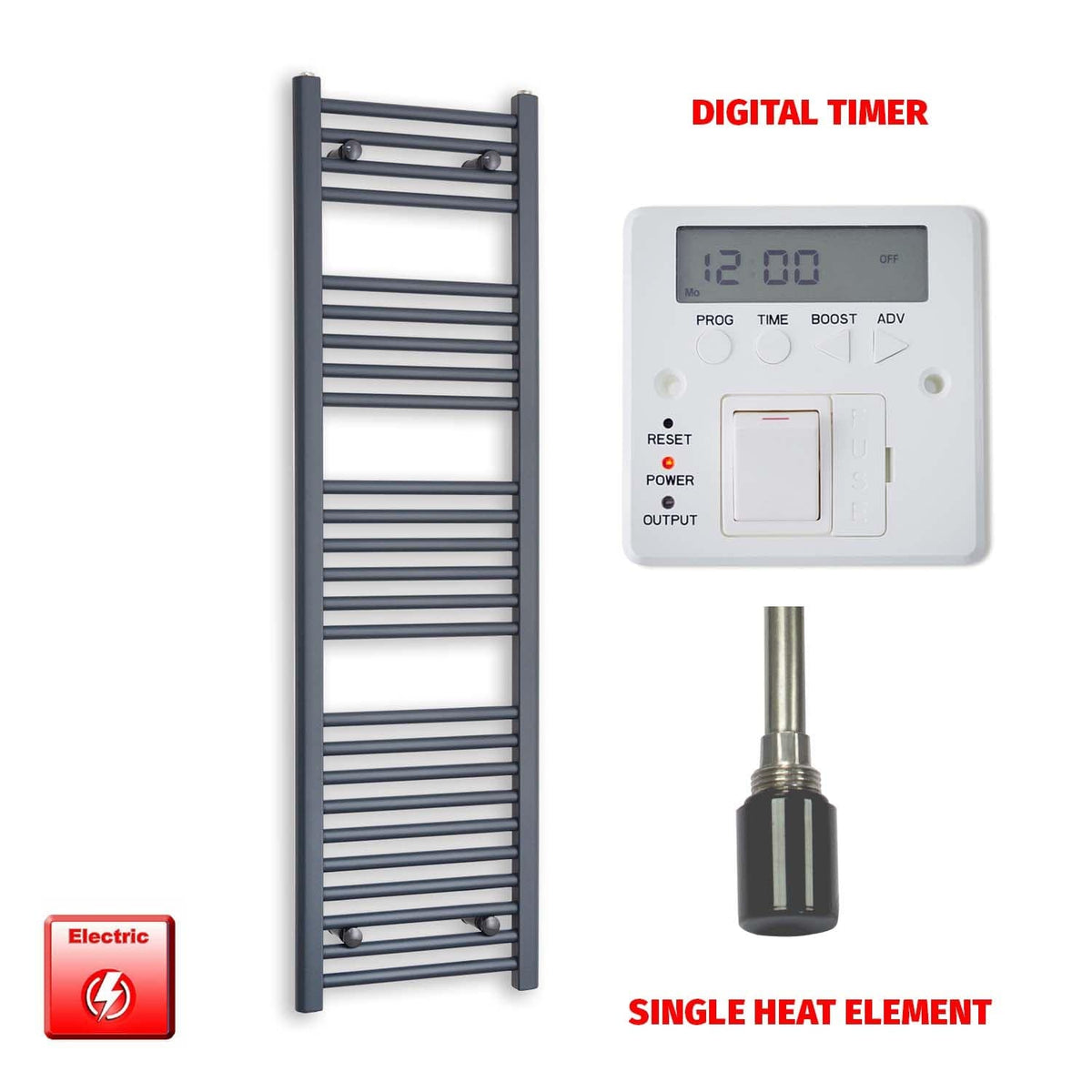 Single Heat Element + Digital Timer 400x1400 Flat Anthracite Pre-Filled Electric Towel Radiator