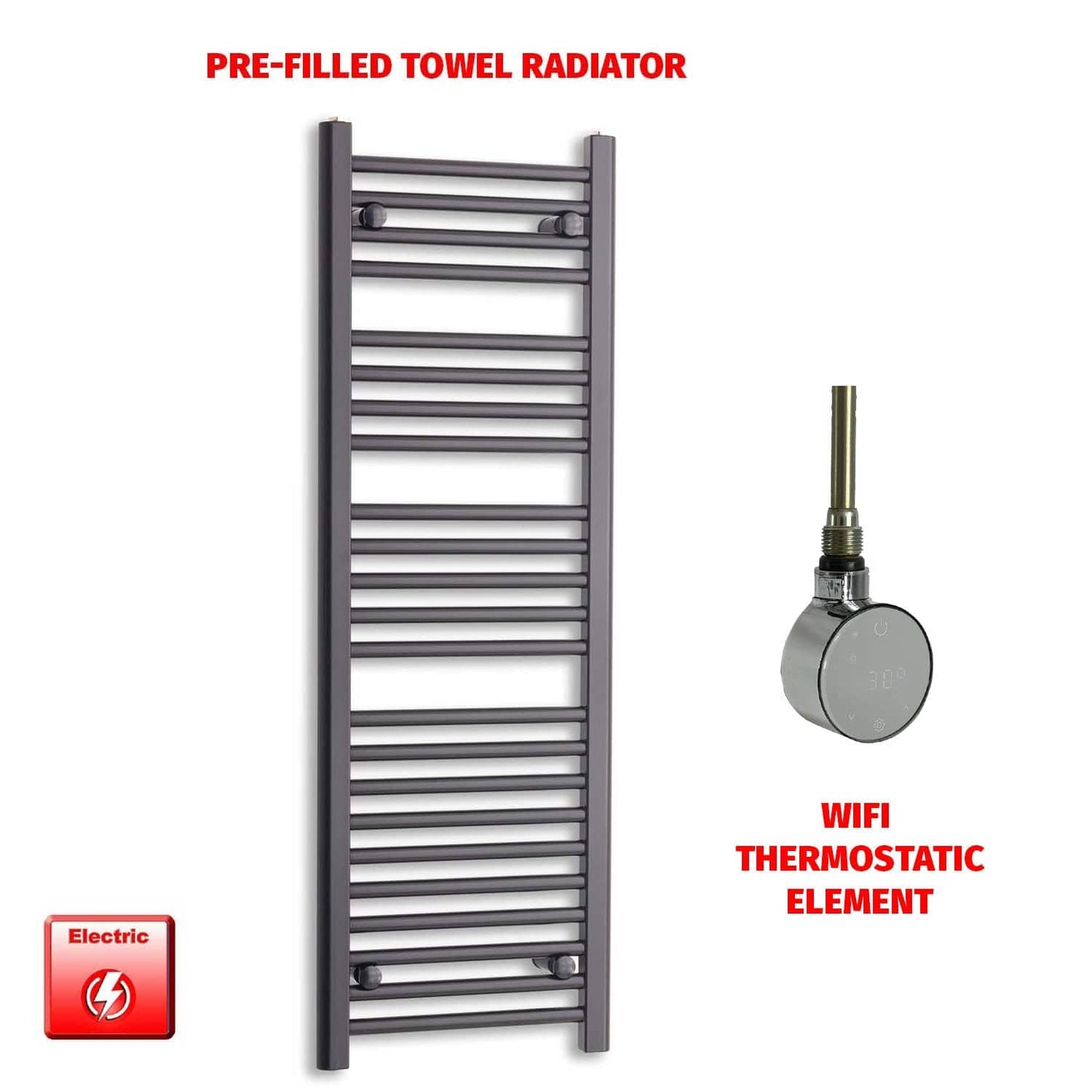 ER-Wifi Thermostatic 450 x 1200 Flat Black Pre-Filled Electric Heated Towel Rail