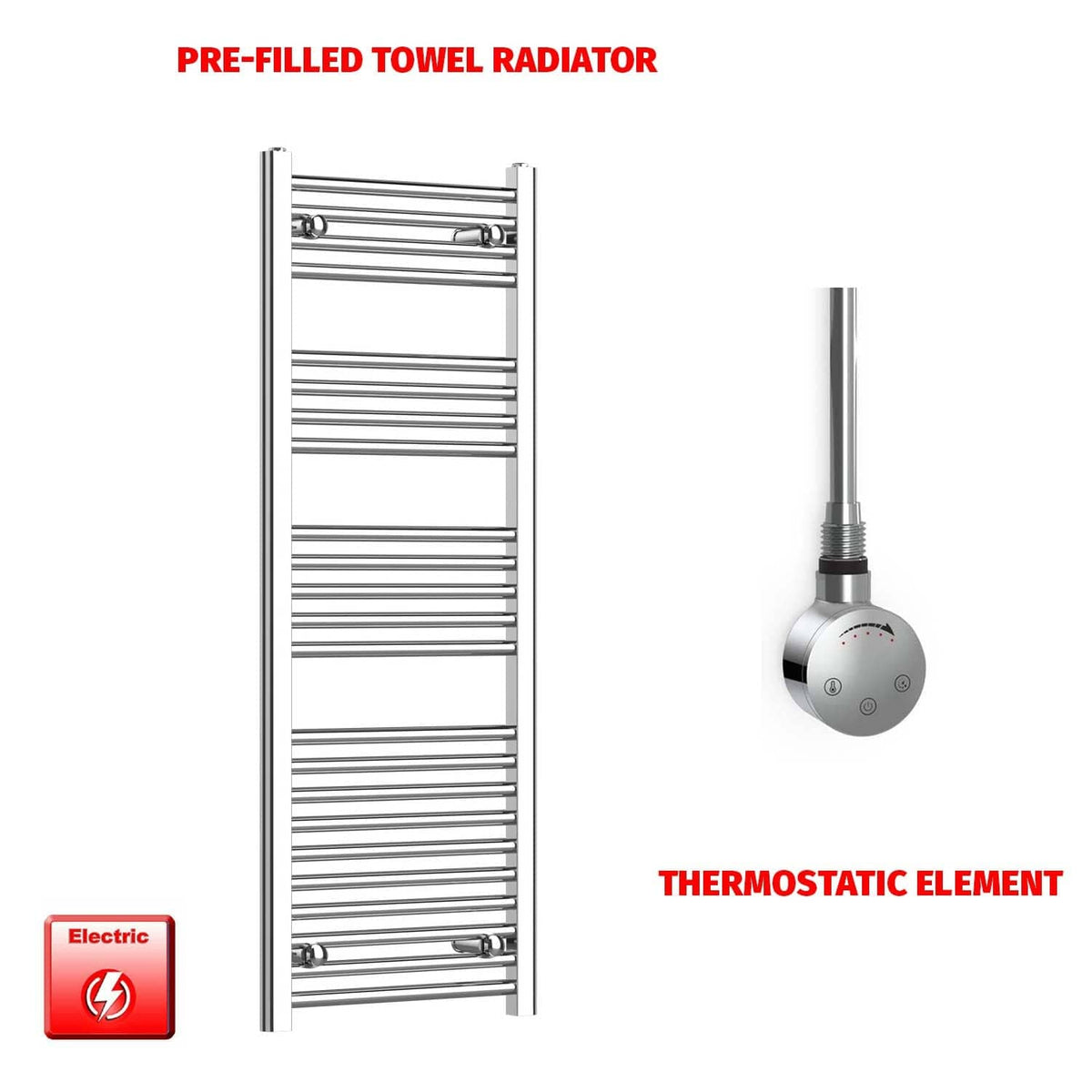 Thermostatic Element 450 x 1200 Flat Chrome Pre-Filled Electric Towel Radiator