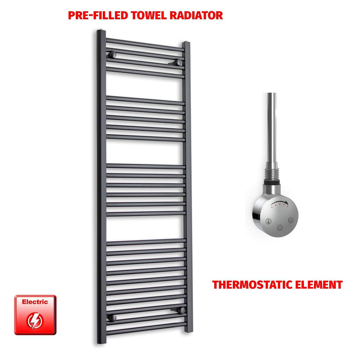 Thermostatic Element 450 x 1400 Flat Black Pre-Filled Electric Heated Towel Rail