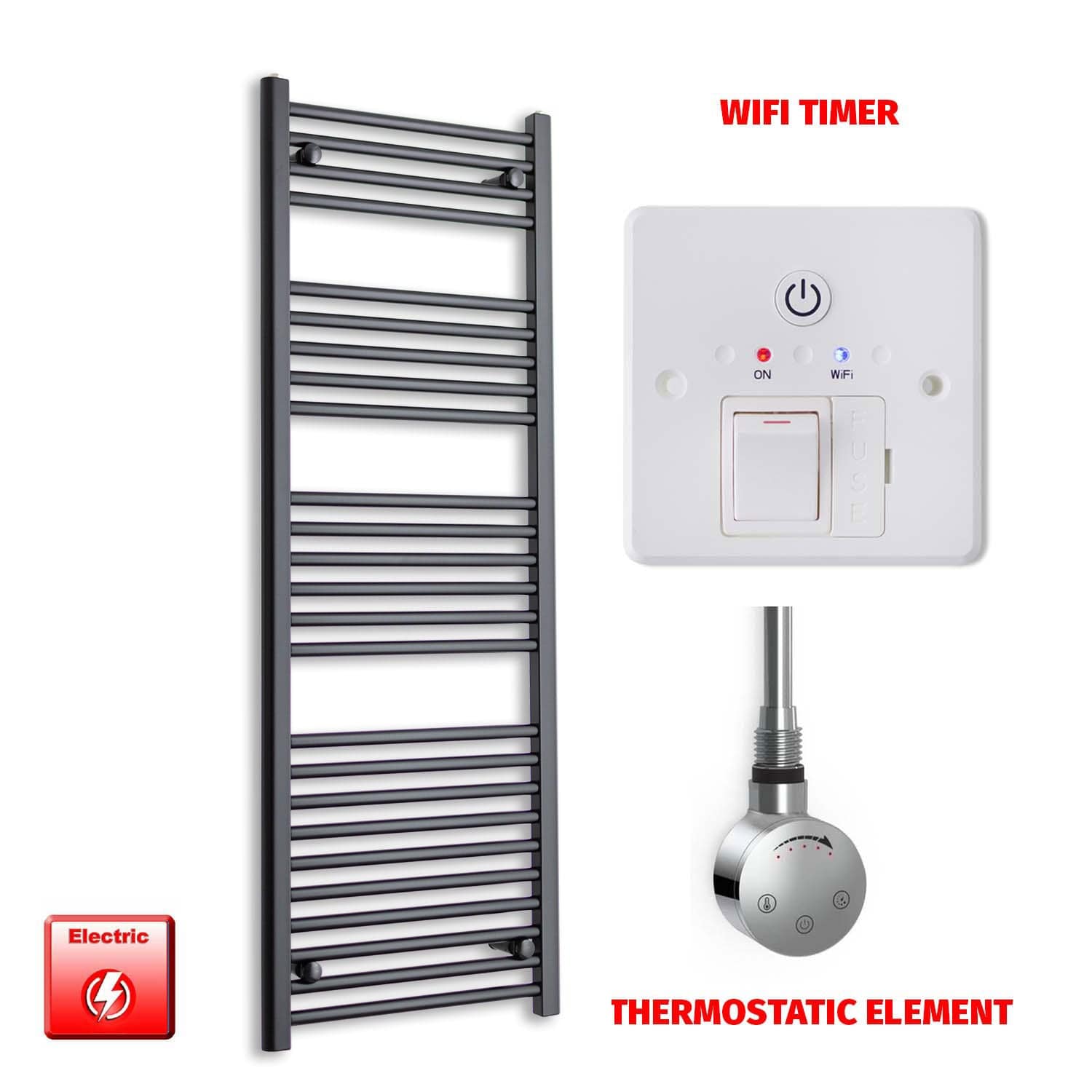 Thermostatic Element + Wifi Timer 450 x 1400 Flat Black Pre-Filled Electric Heated Towel Rail