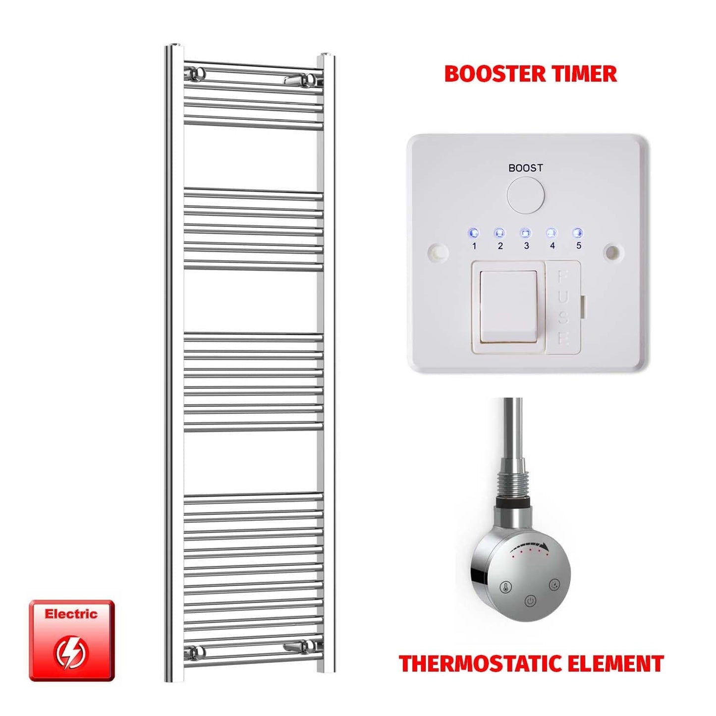 Thermostatic Element + Booster Timer 450 x 1400 Flat Chrome Pre-Filled Electric Towel Radiator