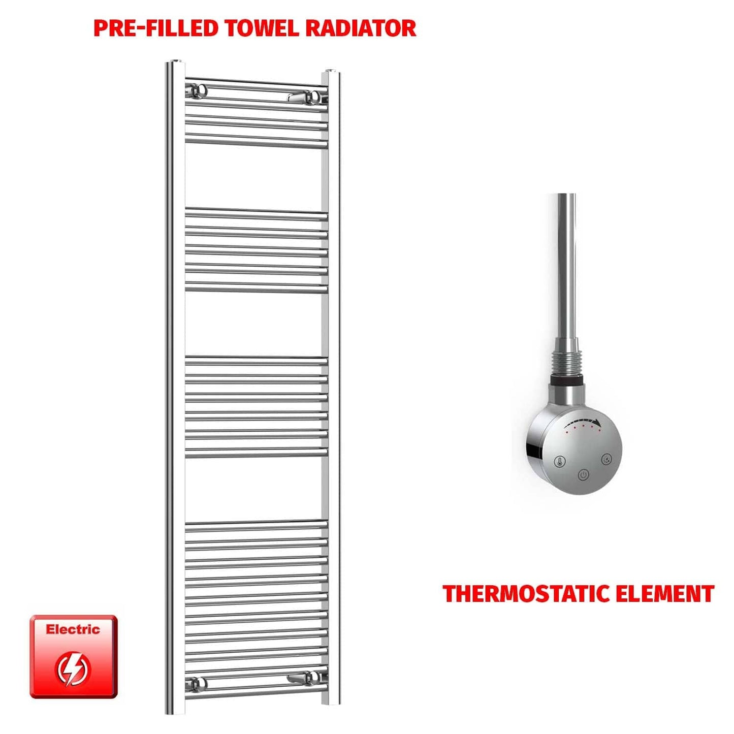 Thermostatic Element 450 x 1400 Flat Chrome Pre-Filled Electric Towel Radiator